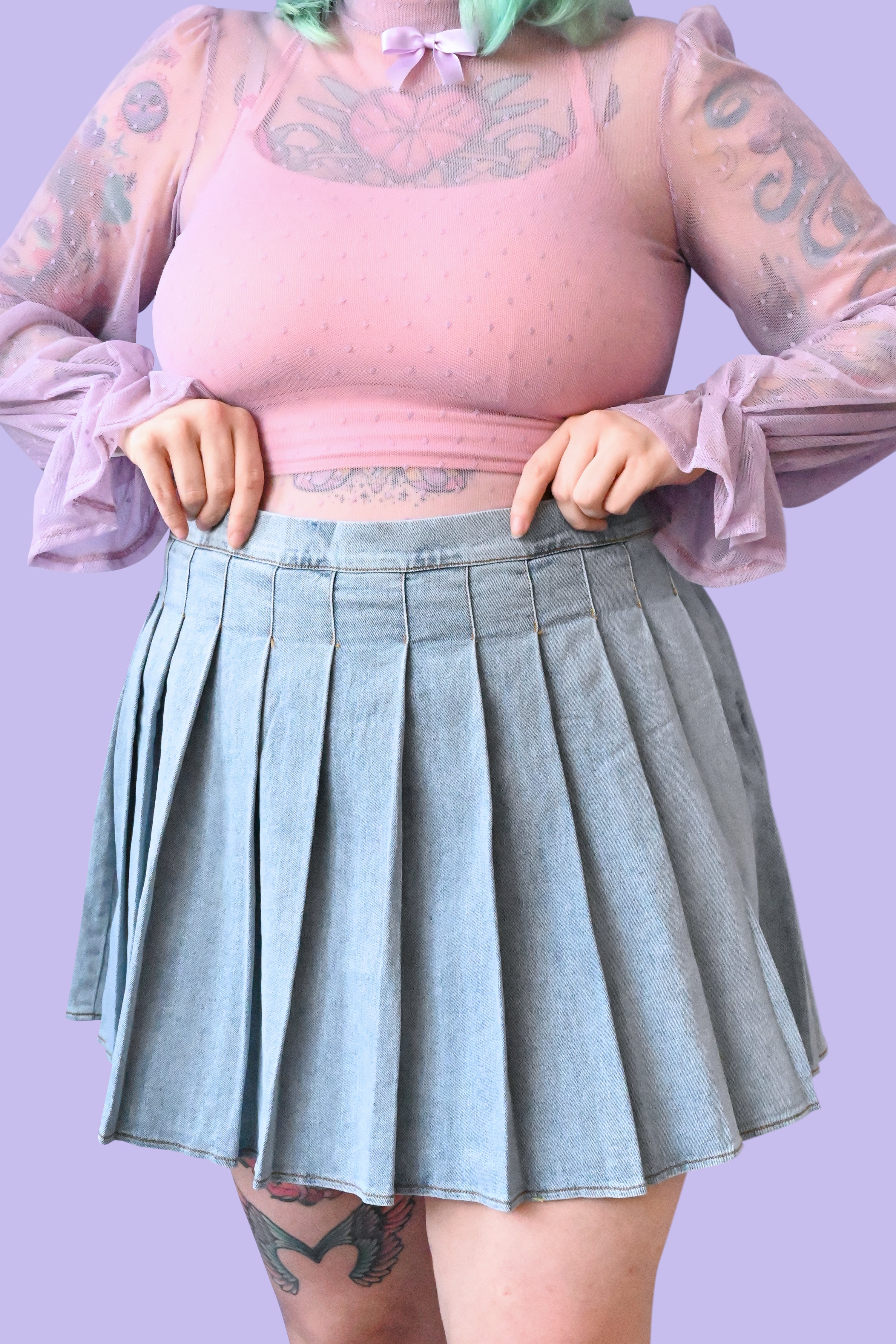 pleated denim skirt