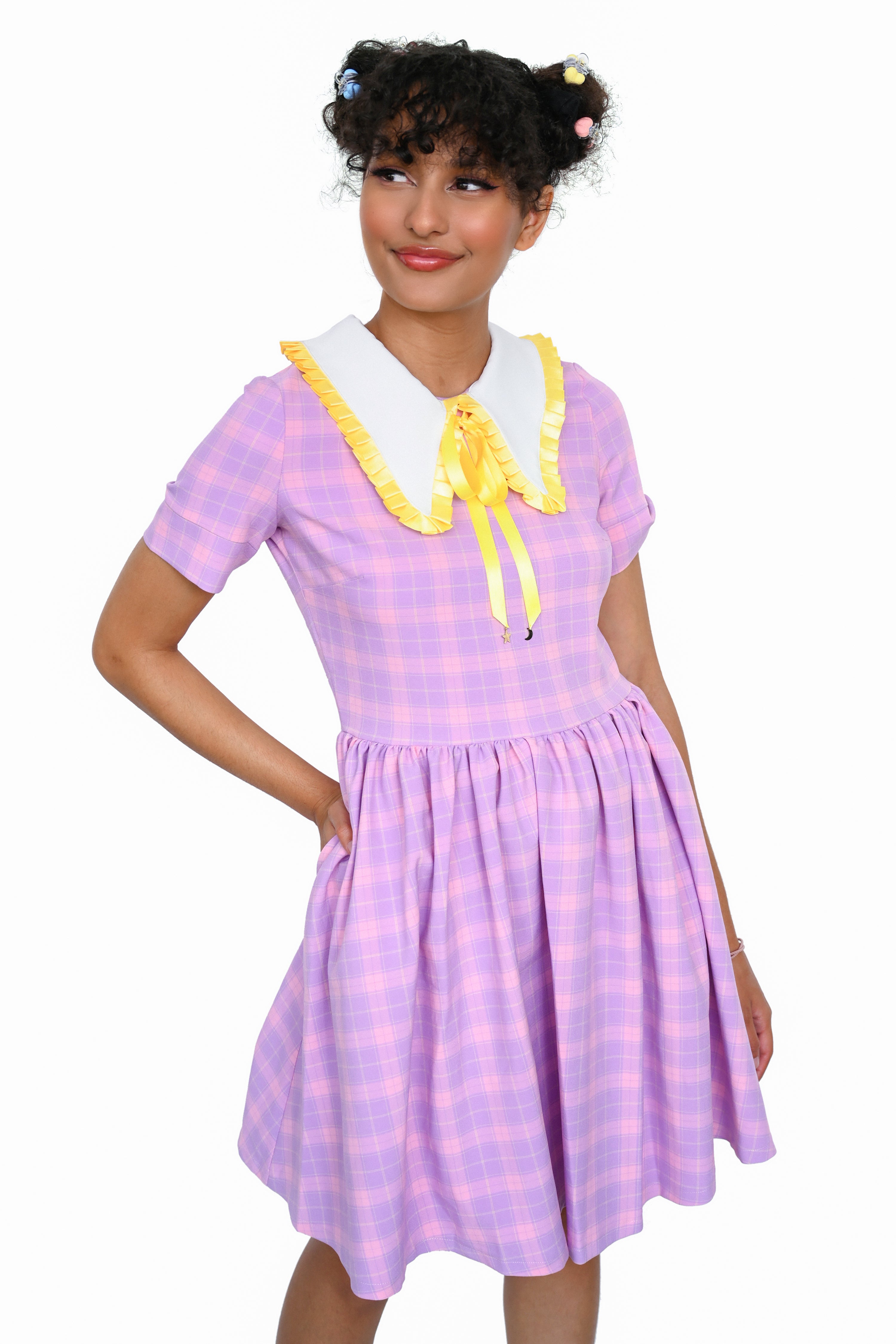 Lavender and pink plaid short sleeve dress with white collar and yellow ribbon trim