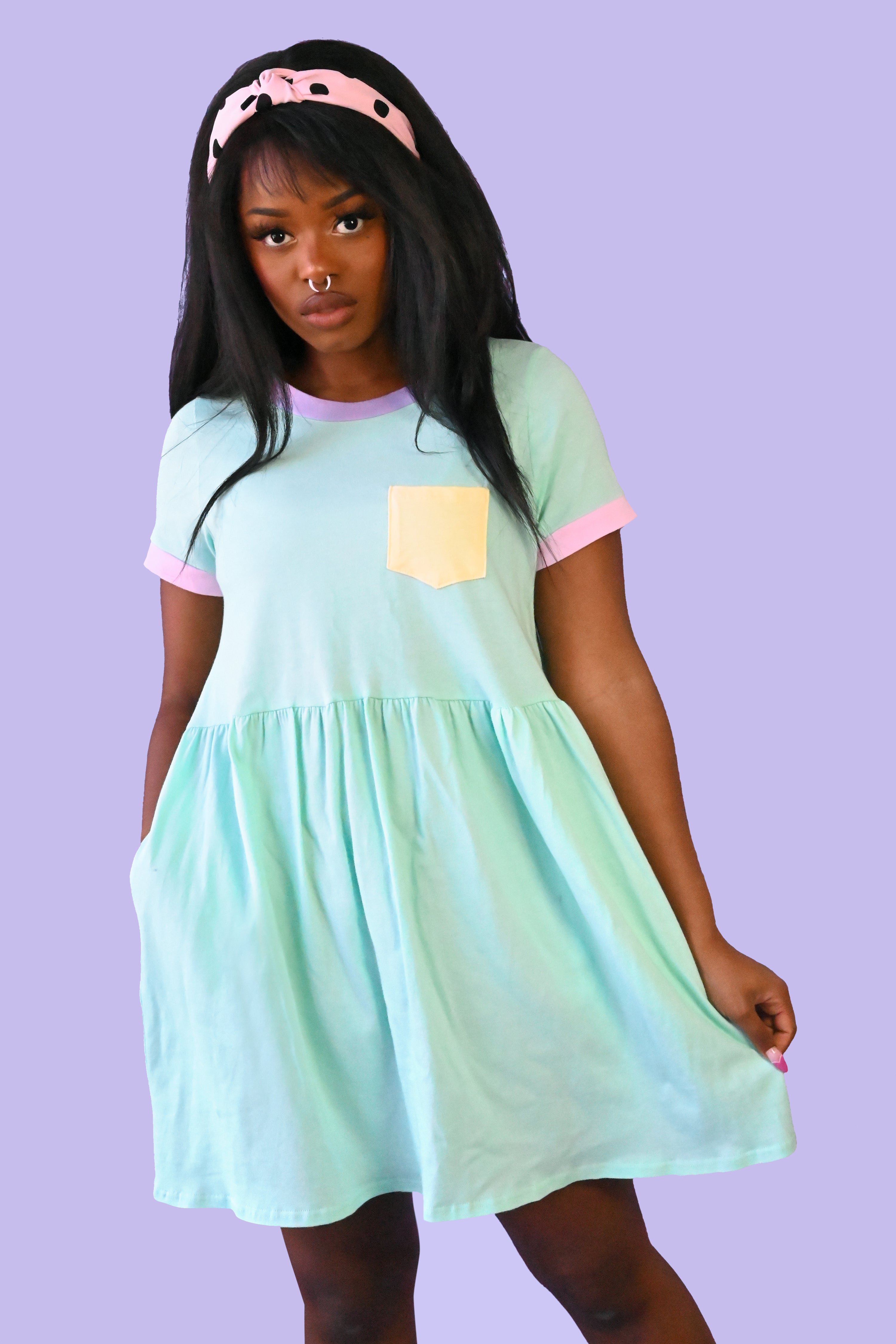 mint t shirt dress with lilac collar, pink cuffs, and yellow lapel pocket