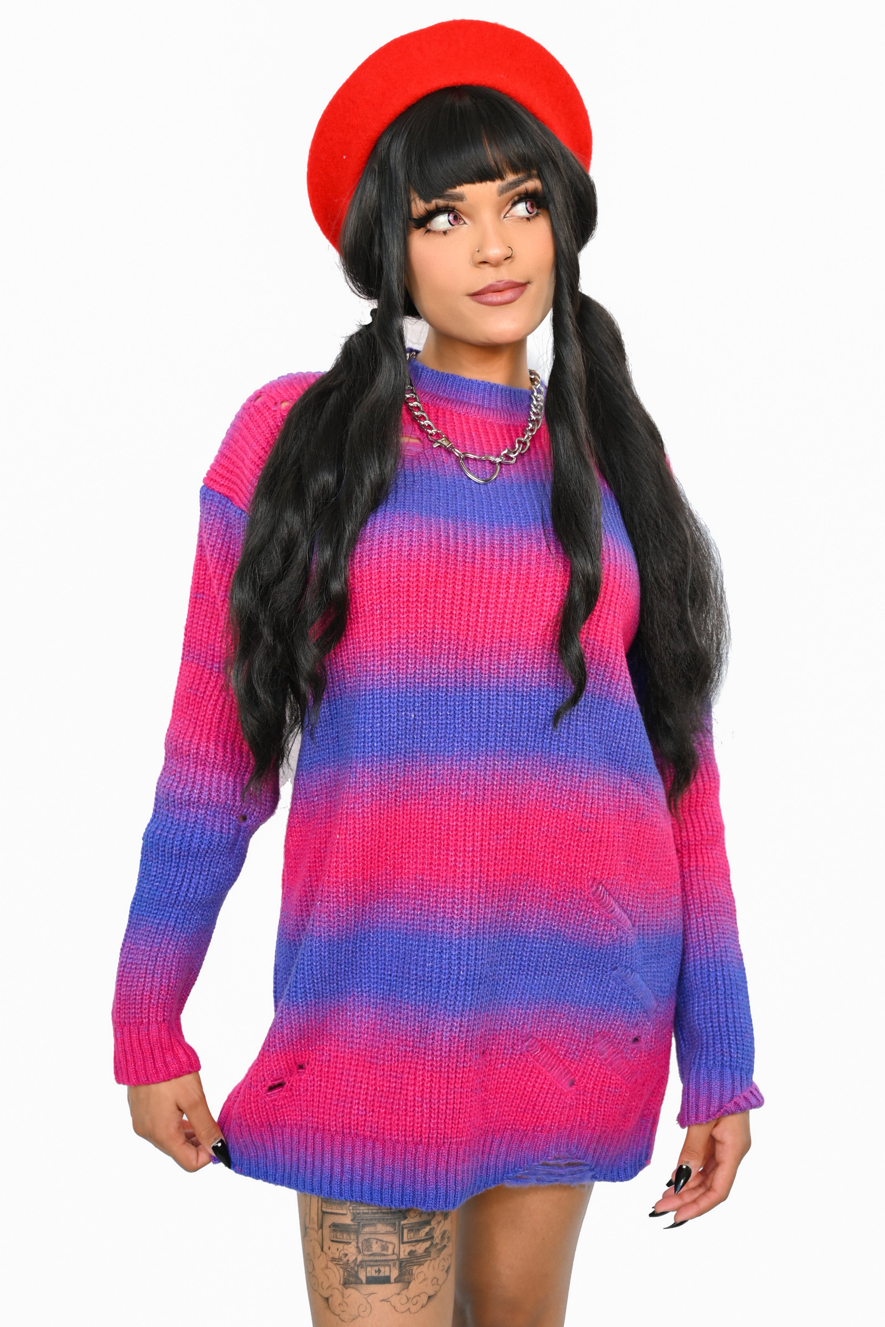 Pink and purple faded gradient striped oversized sweater with a slight distressing