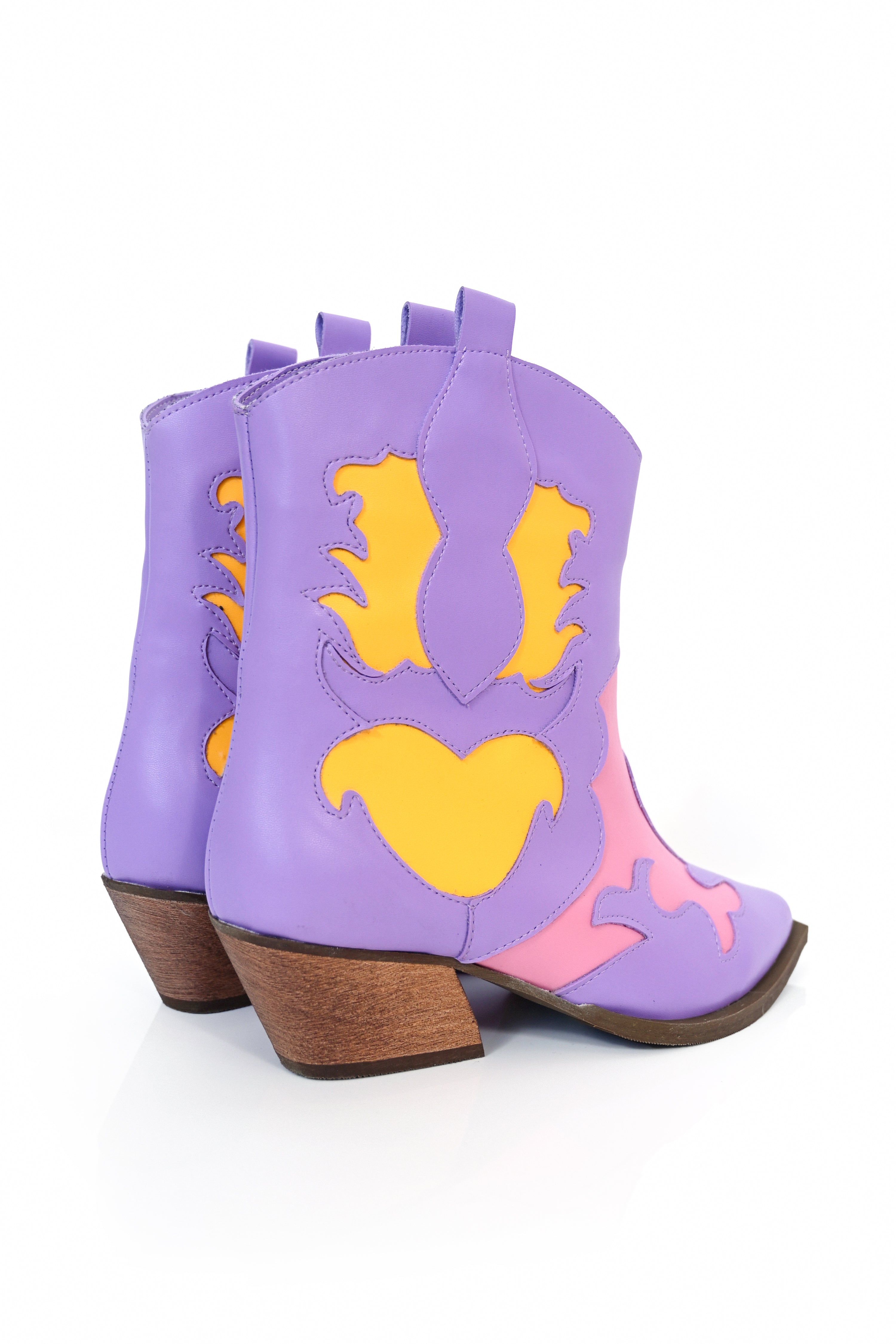 Colorblock lavender, pink, and yellow cowgirl boots