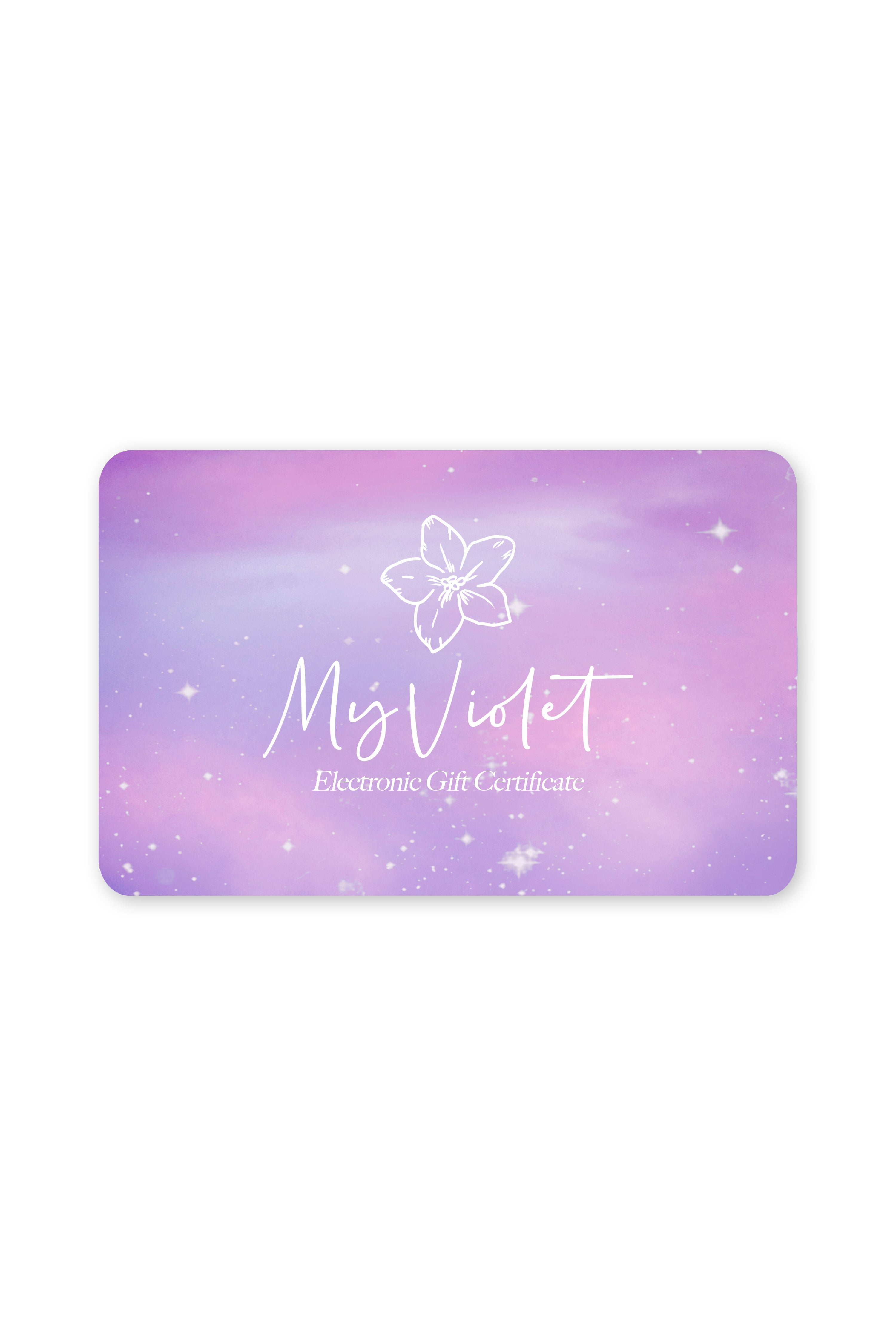 Lavender galaxy pattern card with my violet logo and "electronic gift card" text