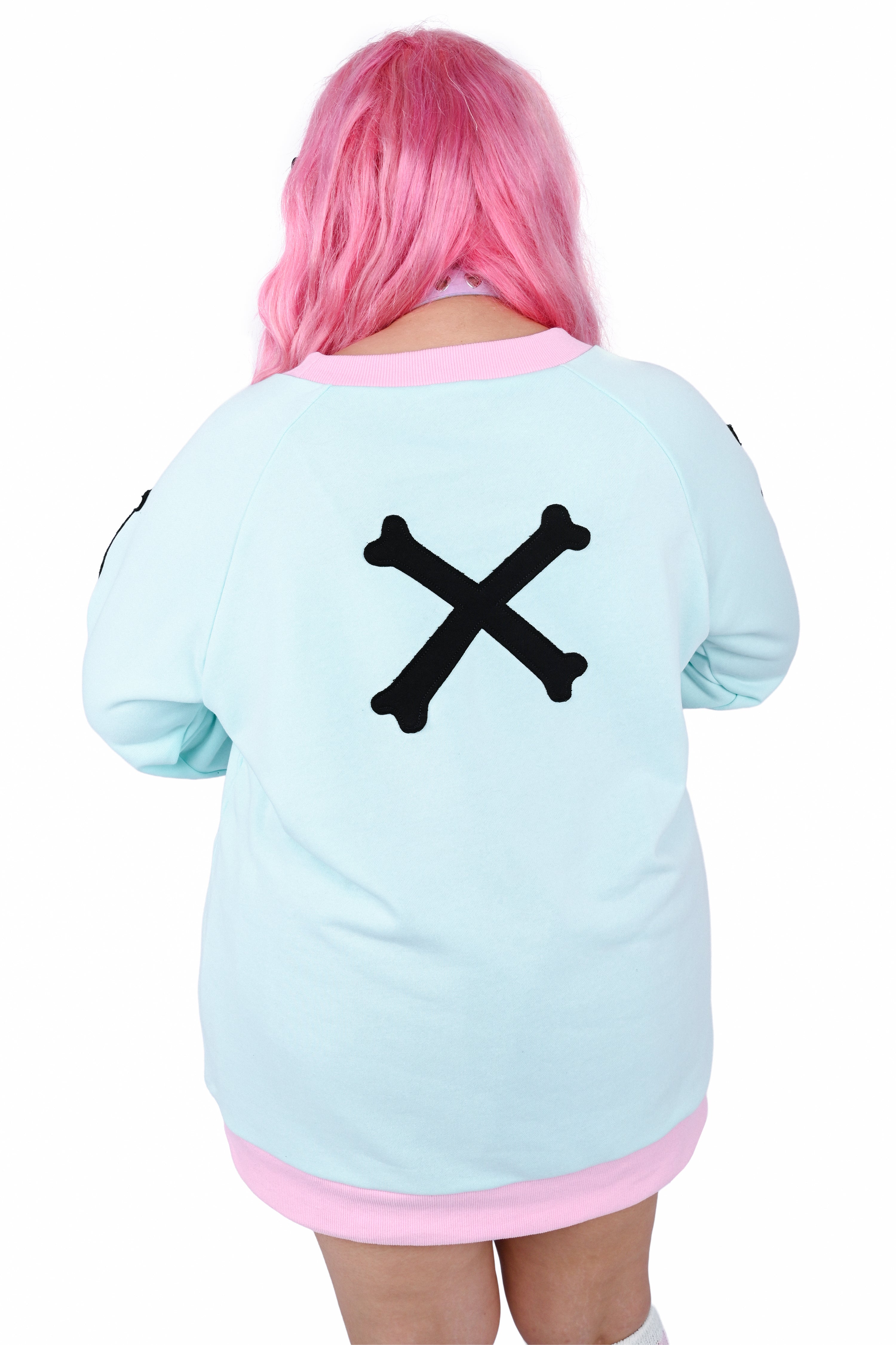 Model wearing a mint colored pullover sweater with pink trim and black cross-bone appliqué