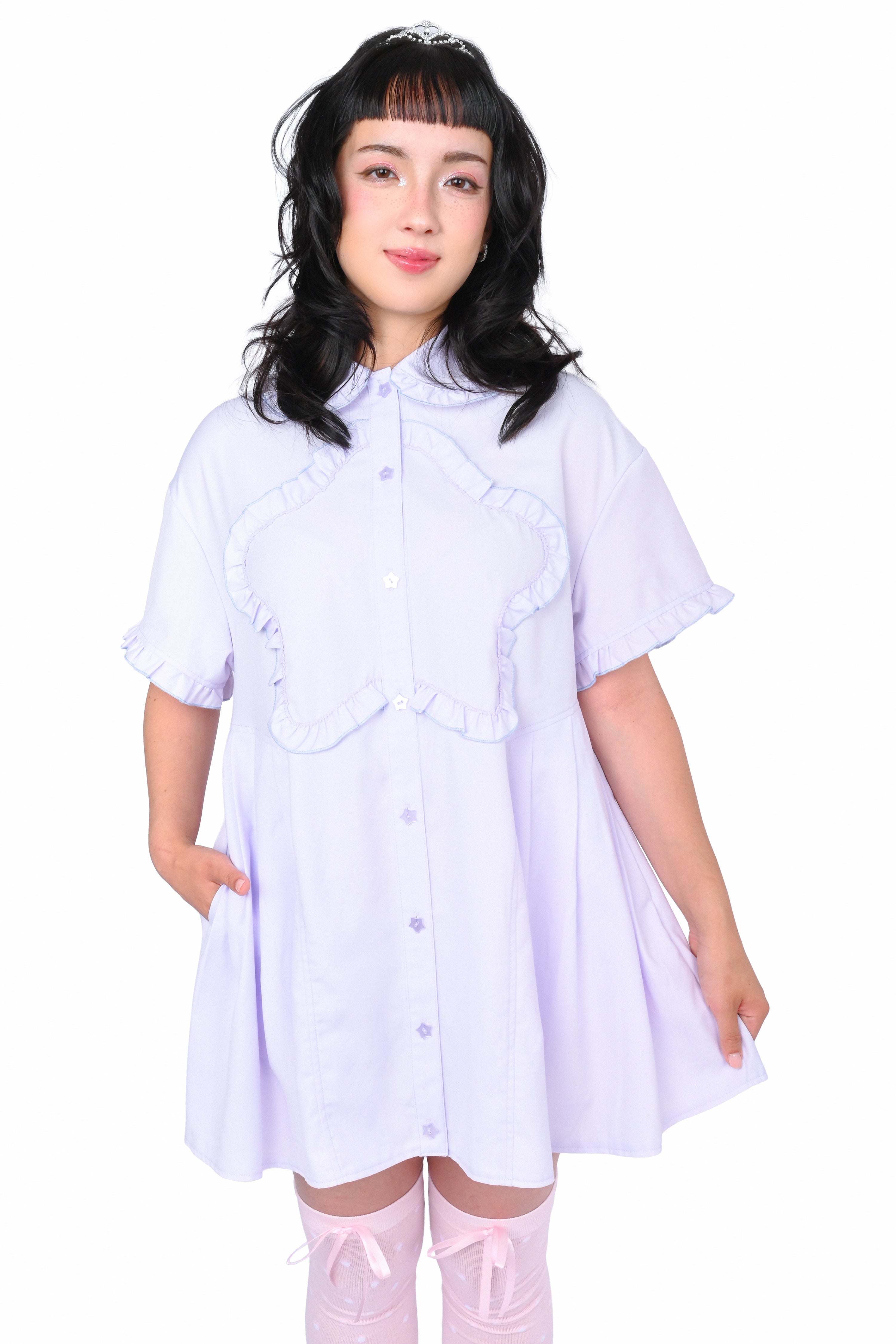 lavender shirt dress 80s does 1950s Vintage Model is wearing a size 2 Petite Shirt Dress for Woman