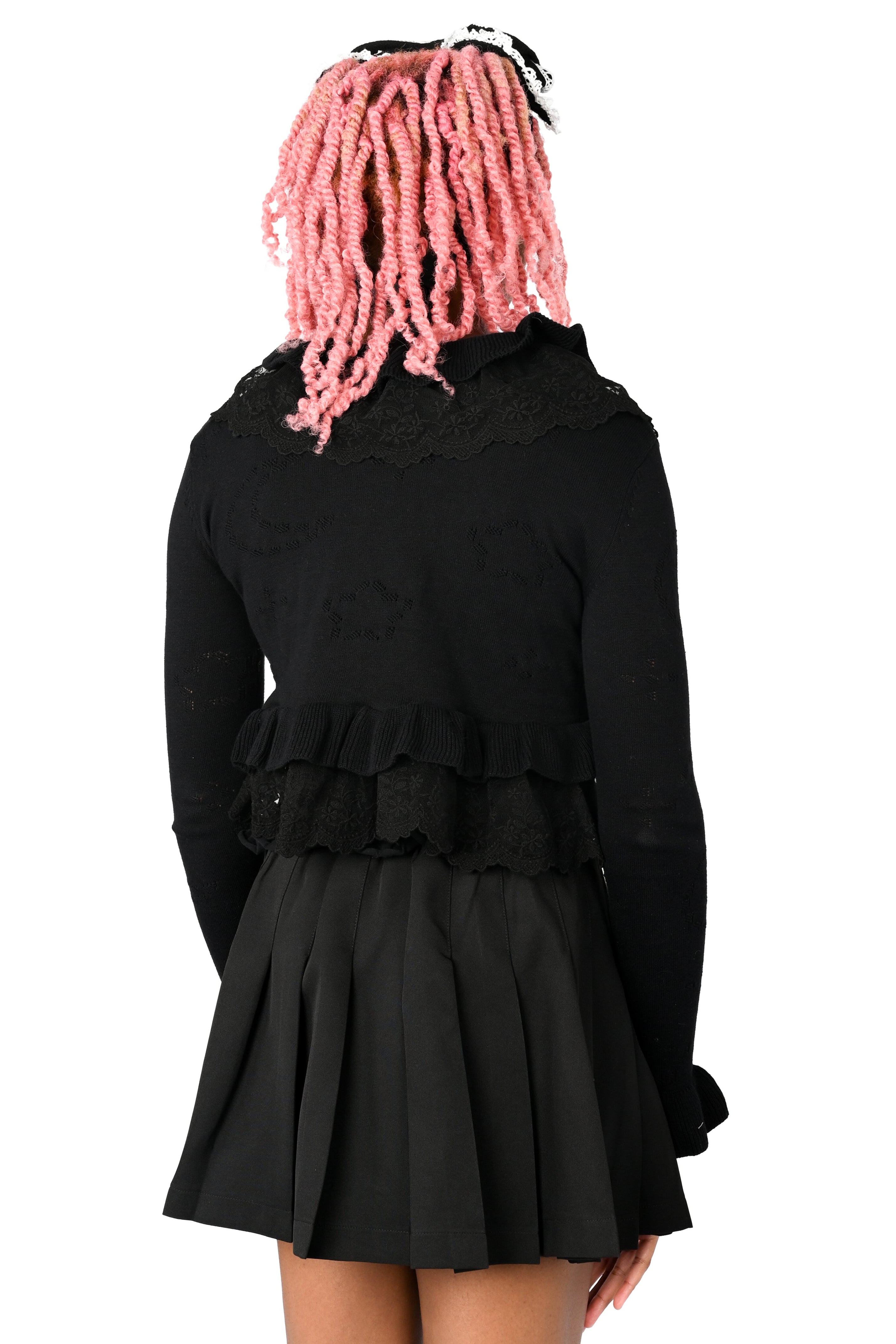 Selene Pointelle Ruffle Cardigan - Black