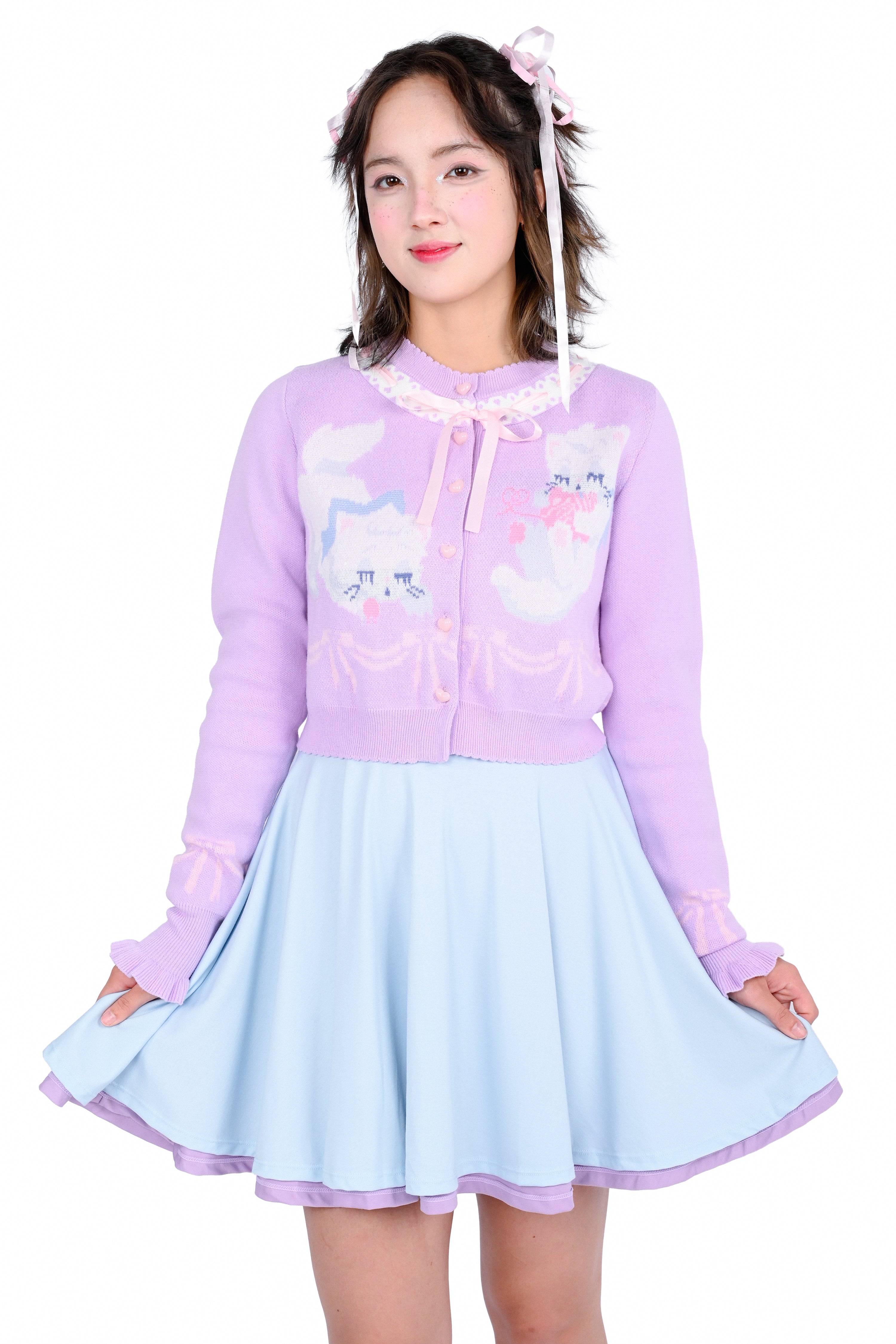 Sleepy Kittens Cropped Cardigan - Lilac