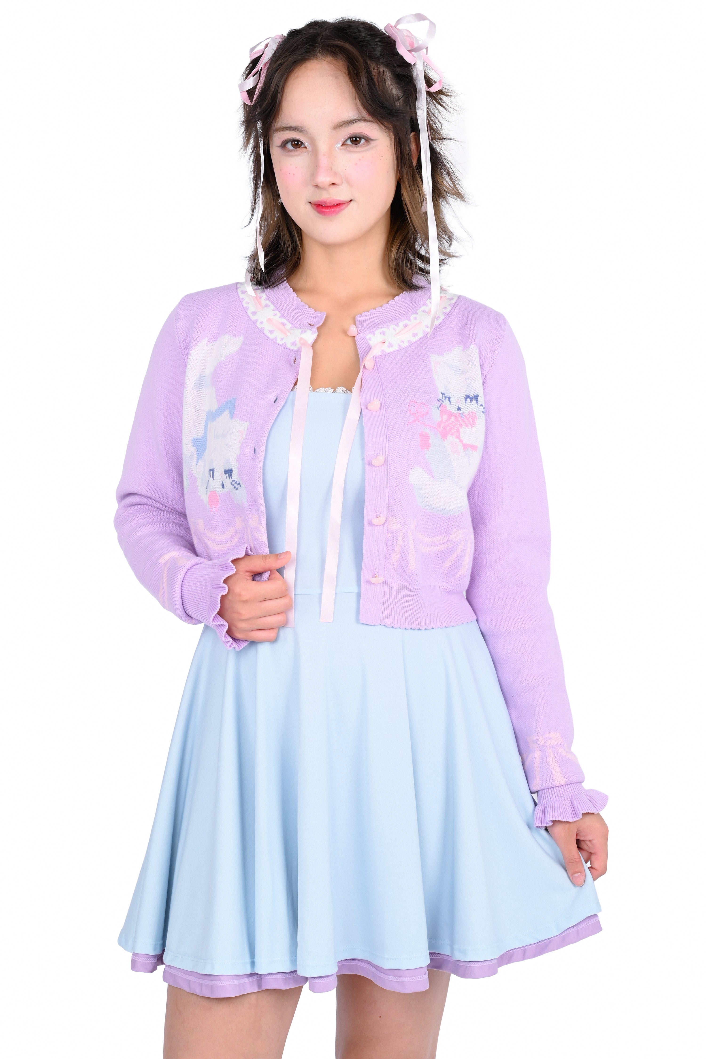 Sleepy Kittens Cropped Cardigan - Lilac