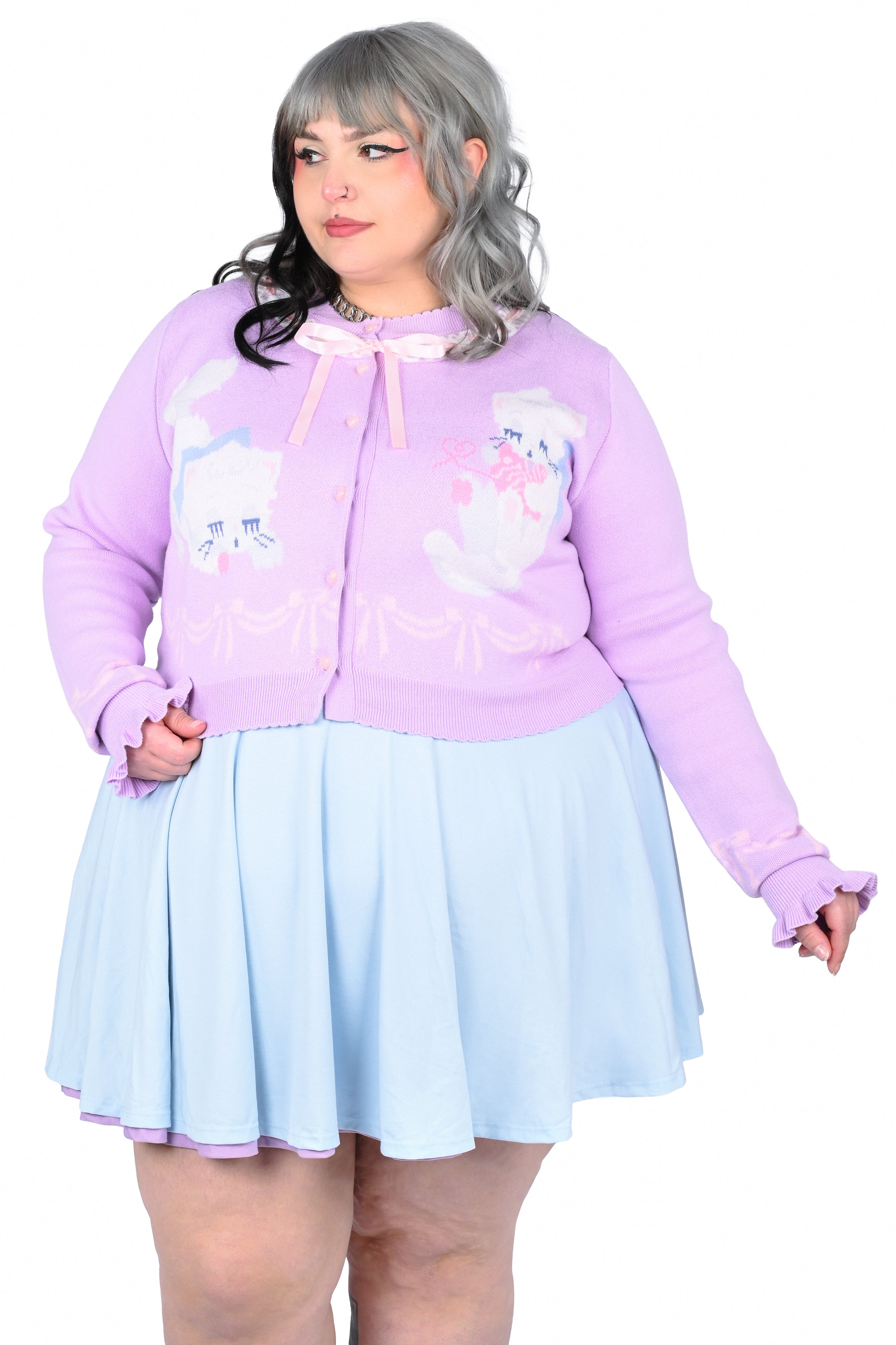 Sleepy Kittens Cropped Cardigan - Lilac