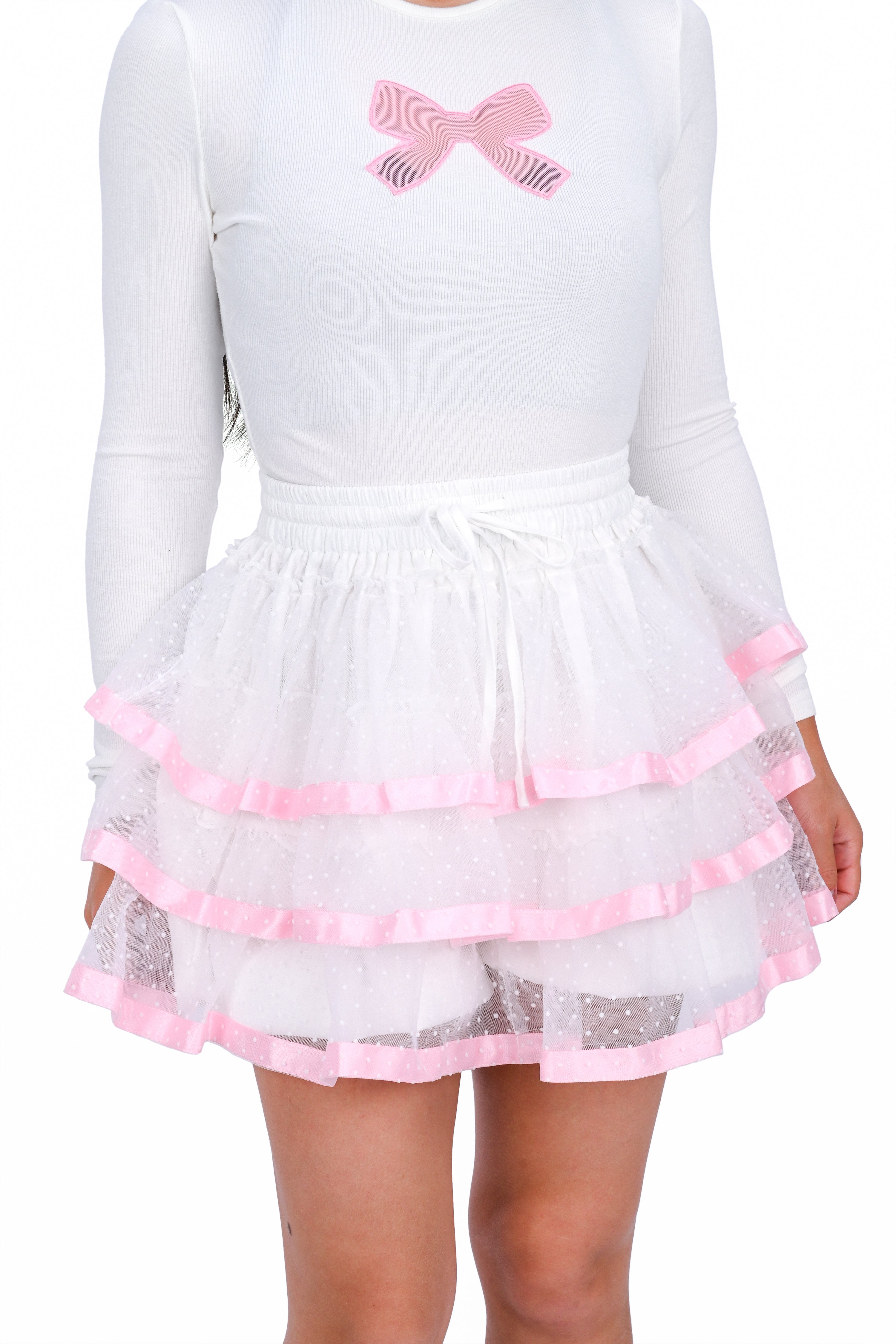 Ribbon Dot Ruffle Skort - White/Pink