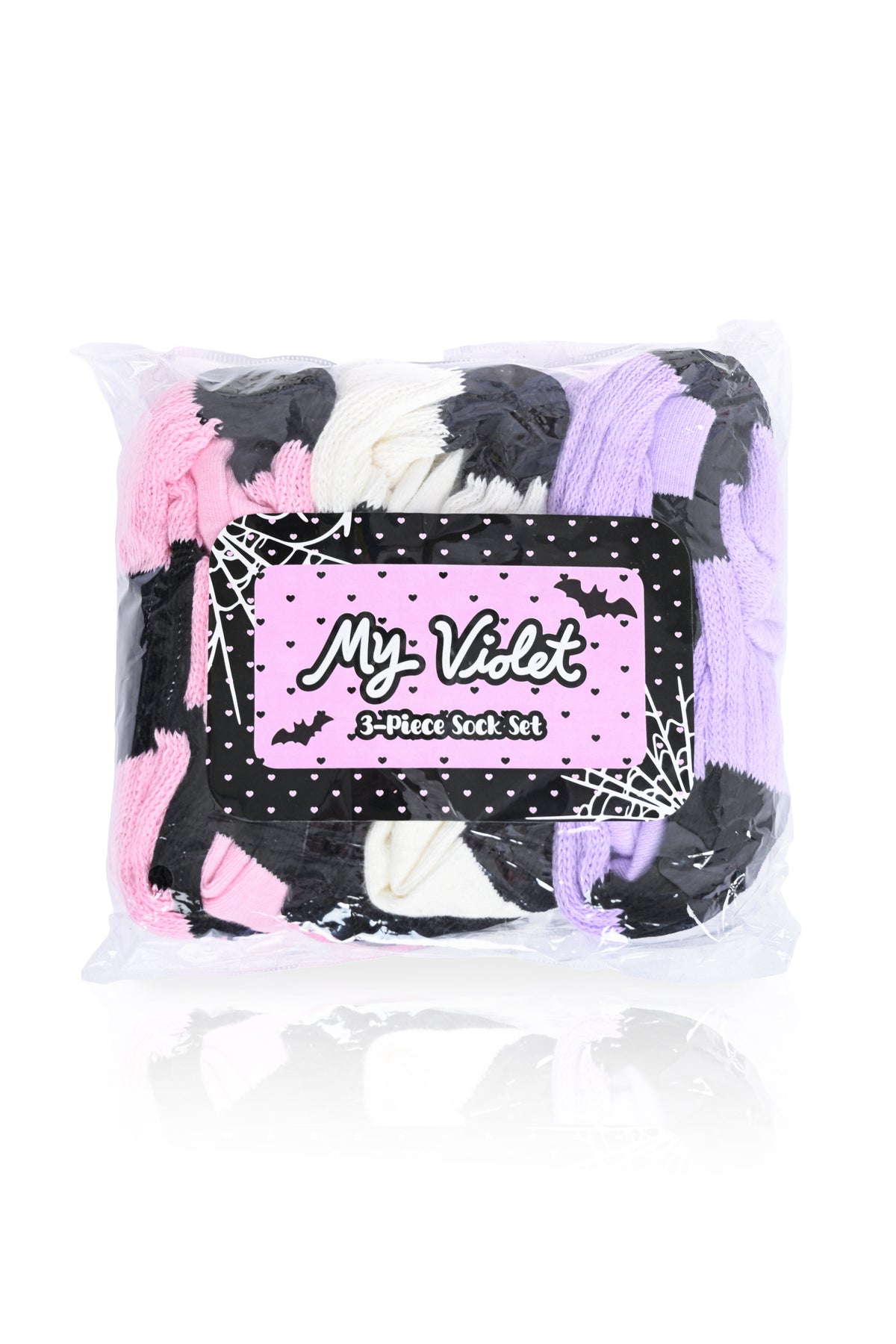 A 3-piece sock set in a clear plastic bag with a pink and black label that reads 'My Violet 3-Piece Sock Set'. The socks feature a black, white, and pastel purple stripe pattern.