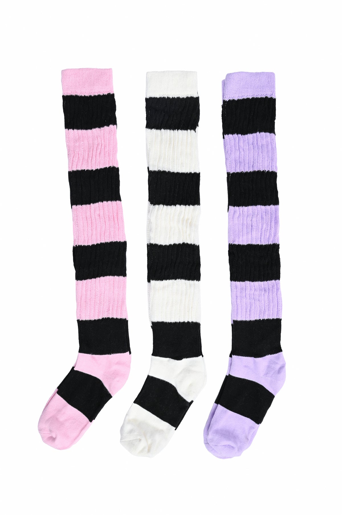 Three pairs of ribbed knee-high socks with horizontal stripes, shown on a plain white background. The left pair is pink and black, the middle pair is white and black, and the right pair is lavender and black.