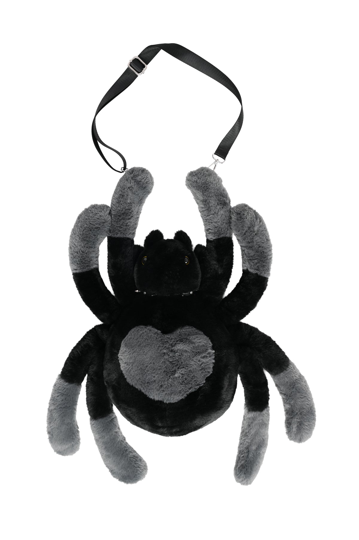 A plush spider-shaped shoulder bag with a black body, gray legs, and a gray heart on the front, featuring an adjustable black strap, shown against a plain white background.