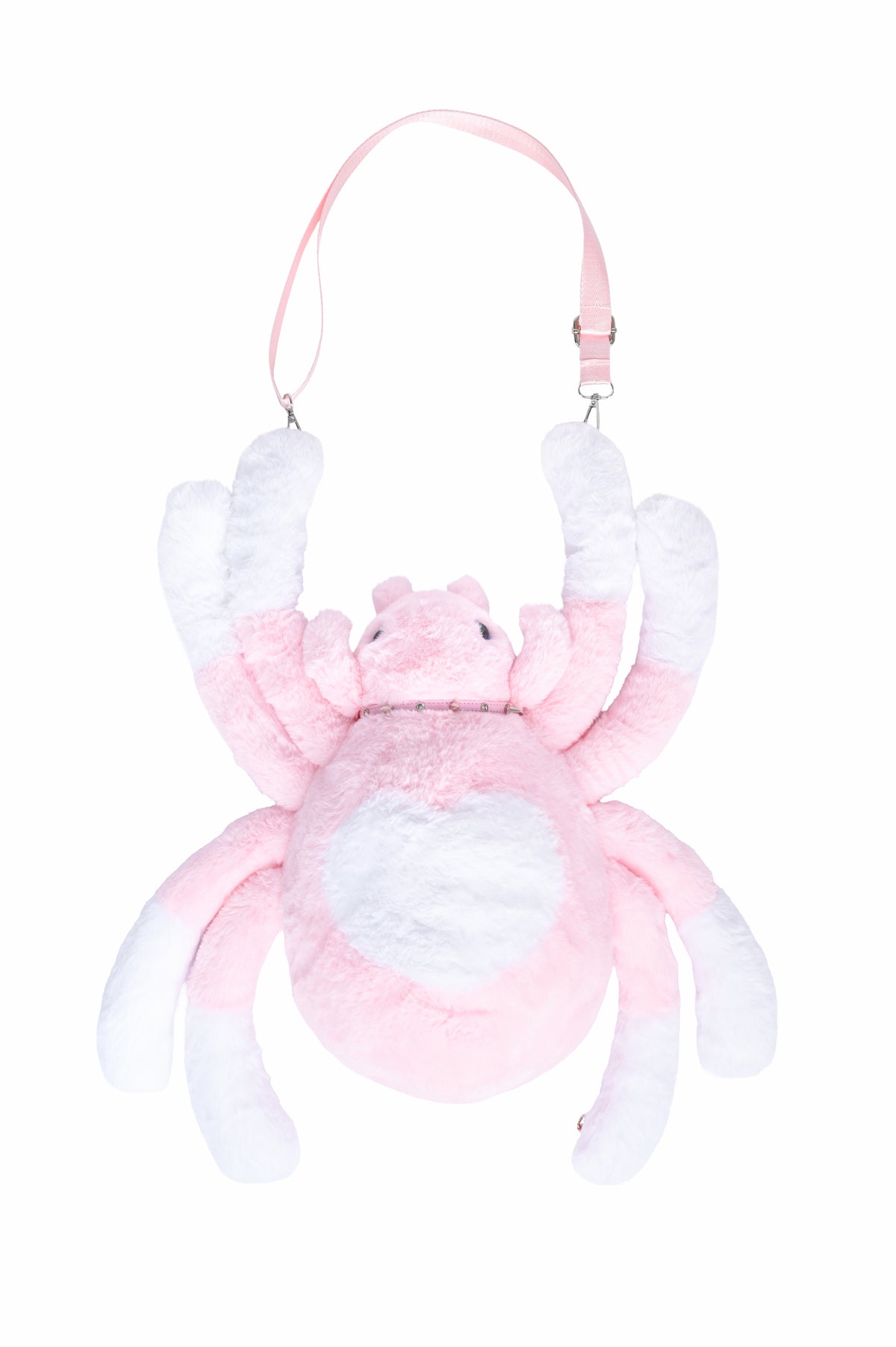 A pink and white plush spider-shaped shoulder bag with a long light pink strap, shown against a plain white background.