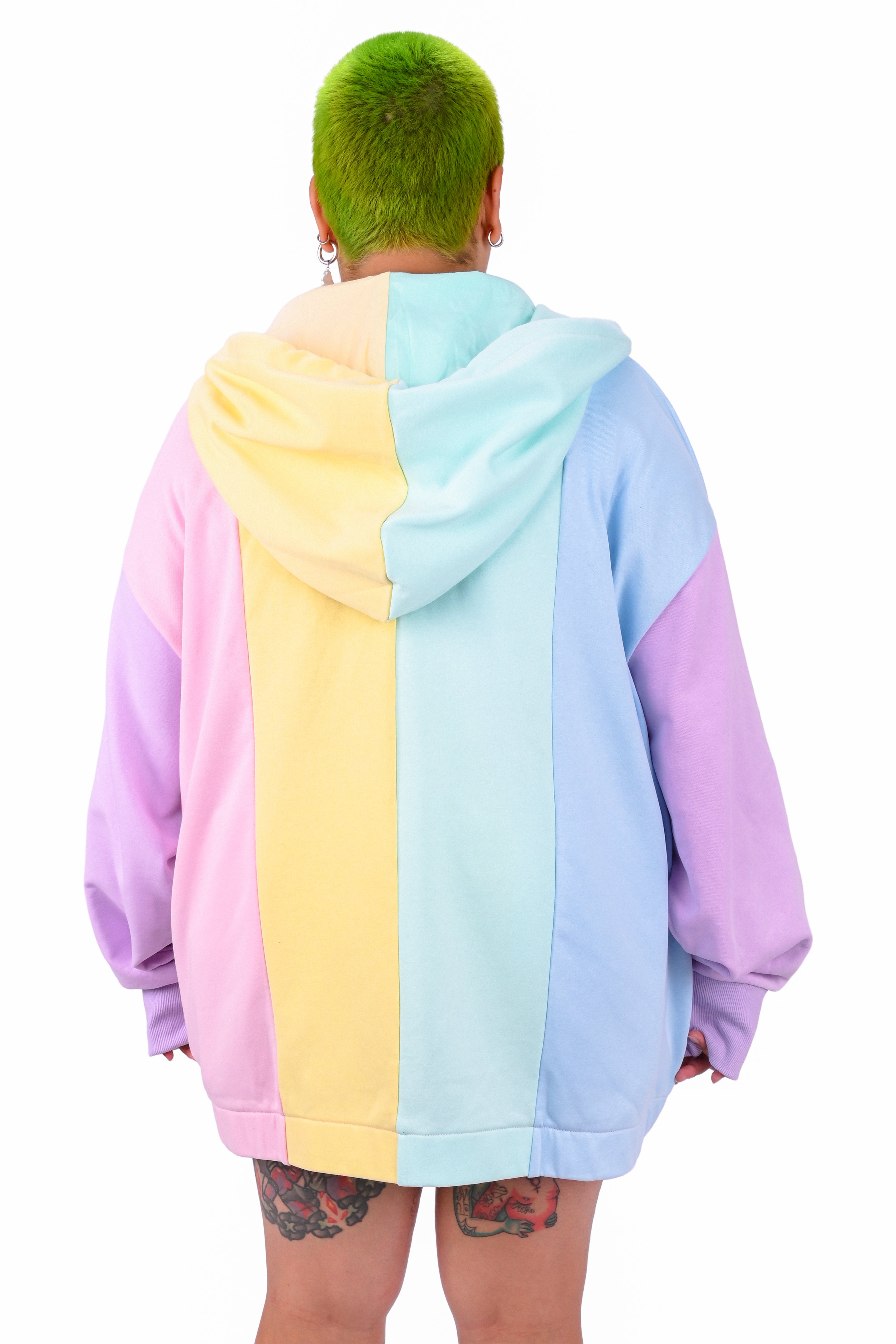 Person wearing a rainbow pastel colored blocked hoodie 