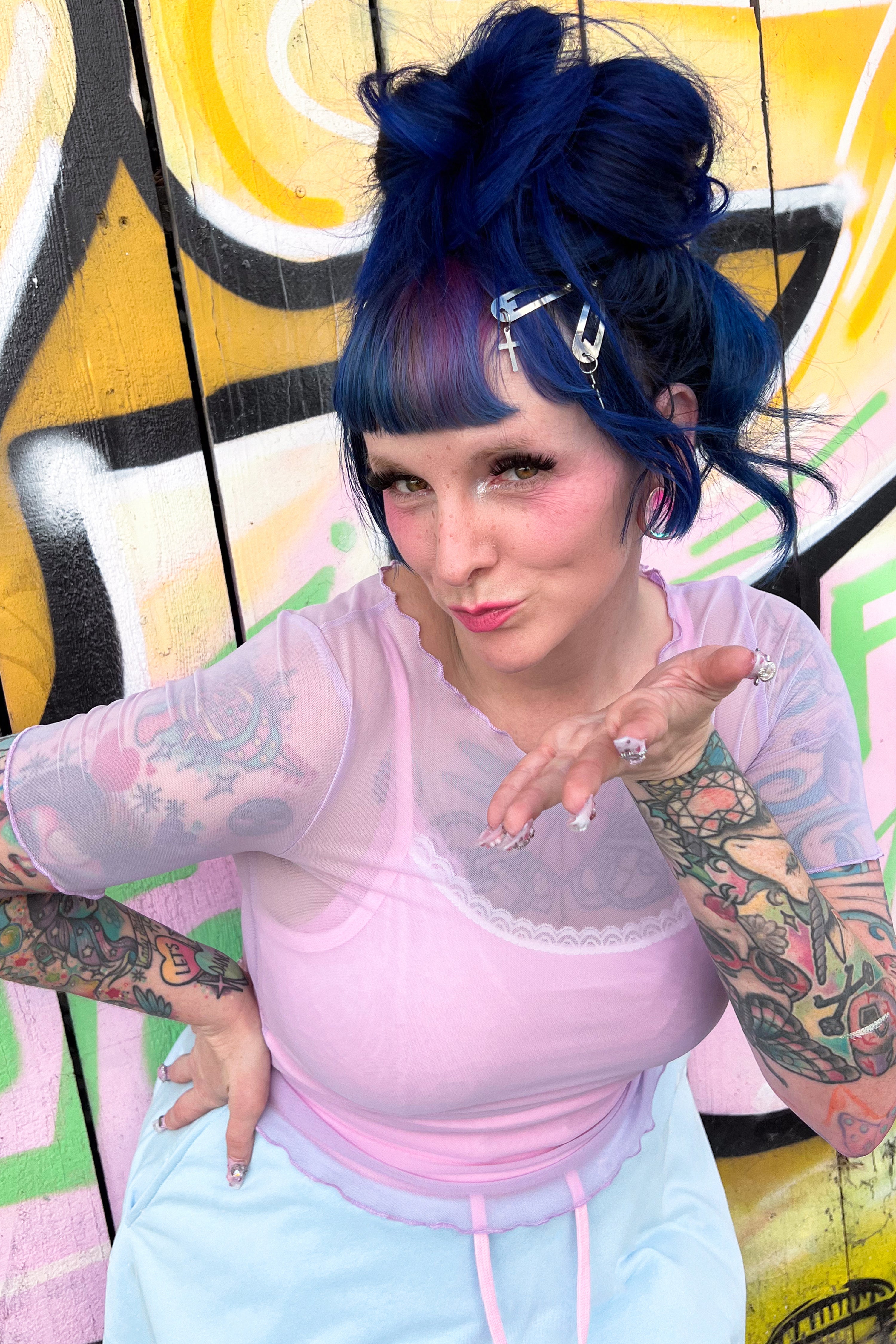 Basics Short Sleeve Mesh Top and Cami Set  - Lav/ Pink