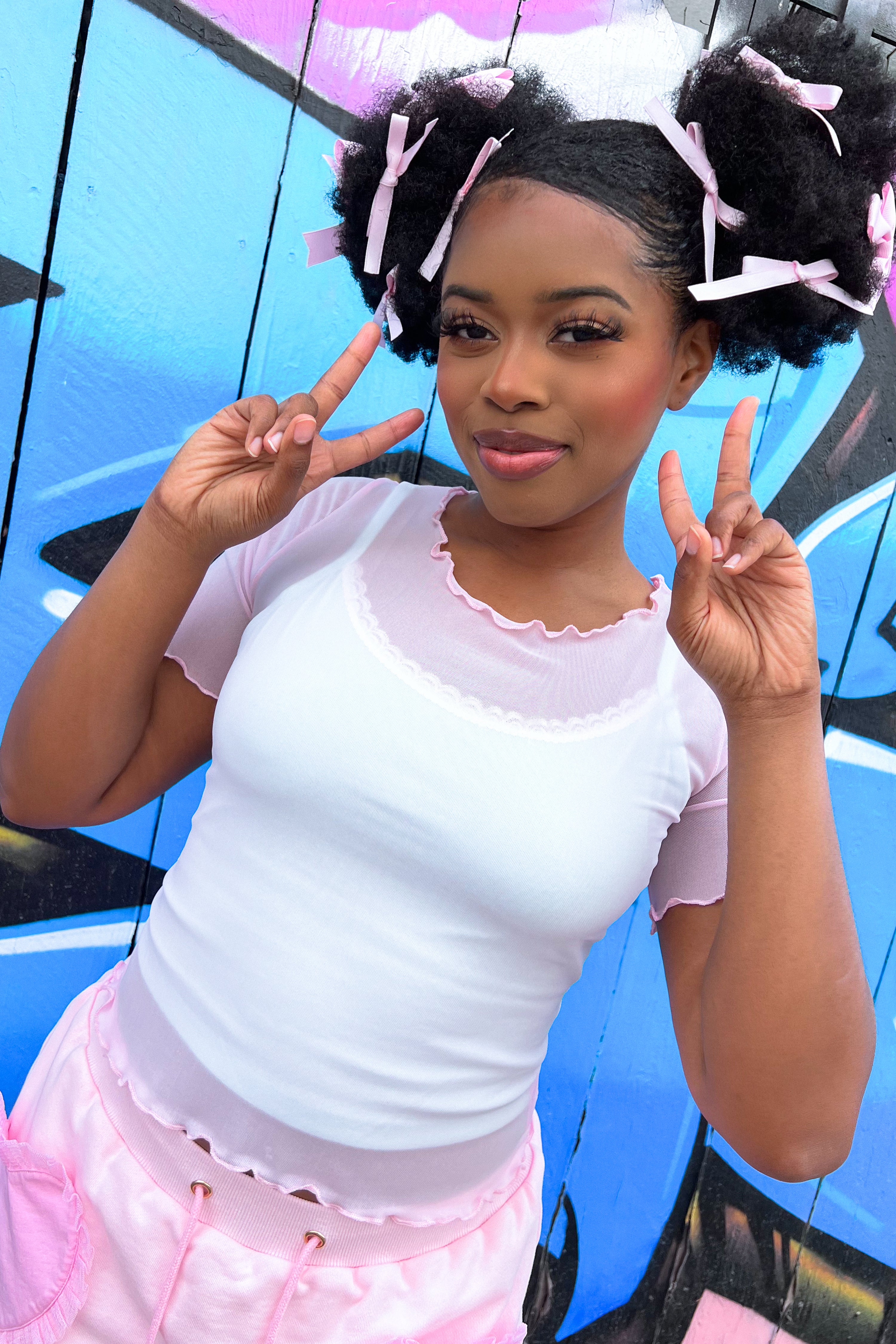 Basics Short Sleeve Mesh Top and Cami Set  - Pink/Mint