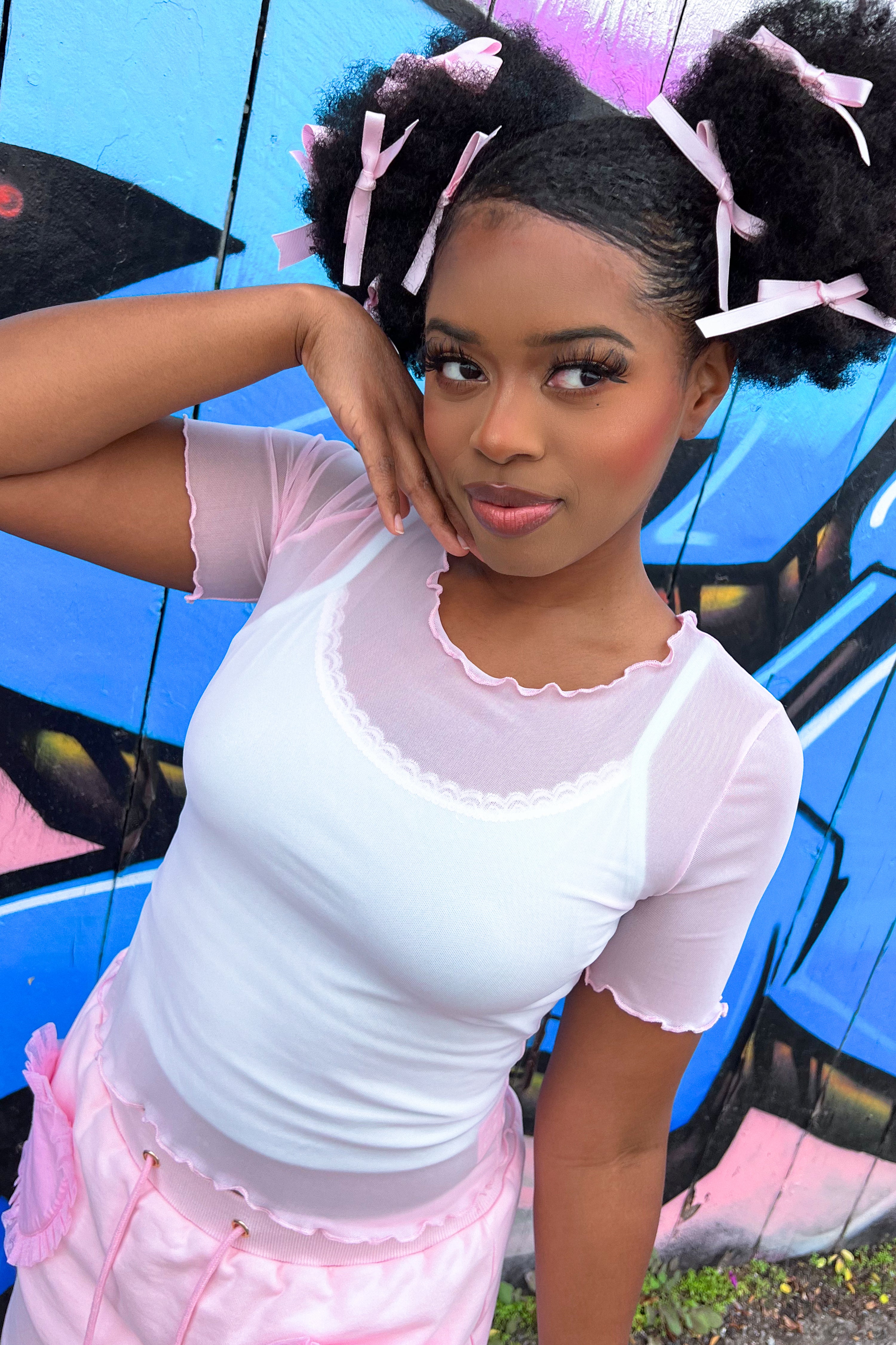 Basics Short Sleeve Mesh Top and Cami Set  - Pink/Mint