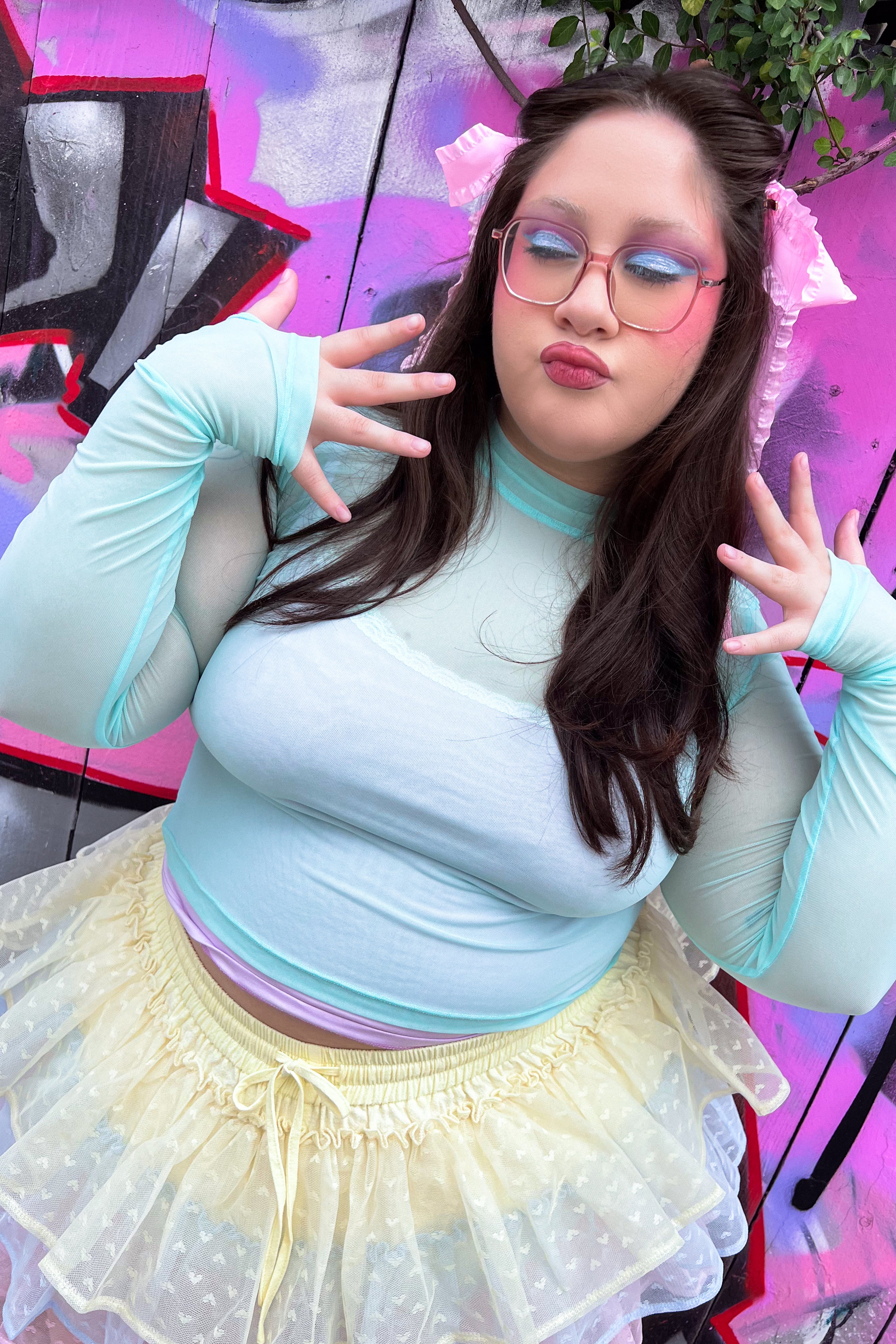 Basics Long Sleeve Mesh Top and Cami Set - Mint/Lavender