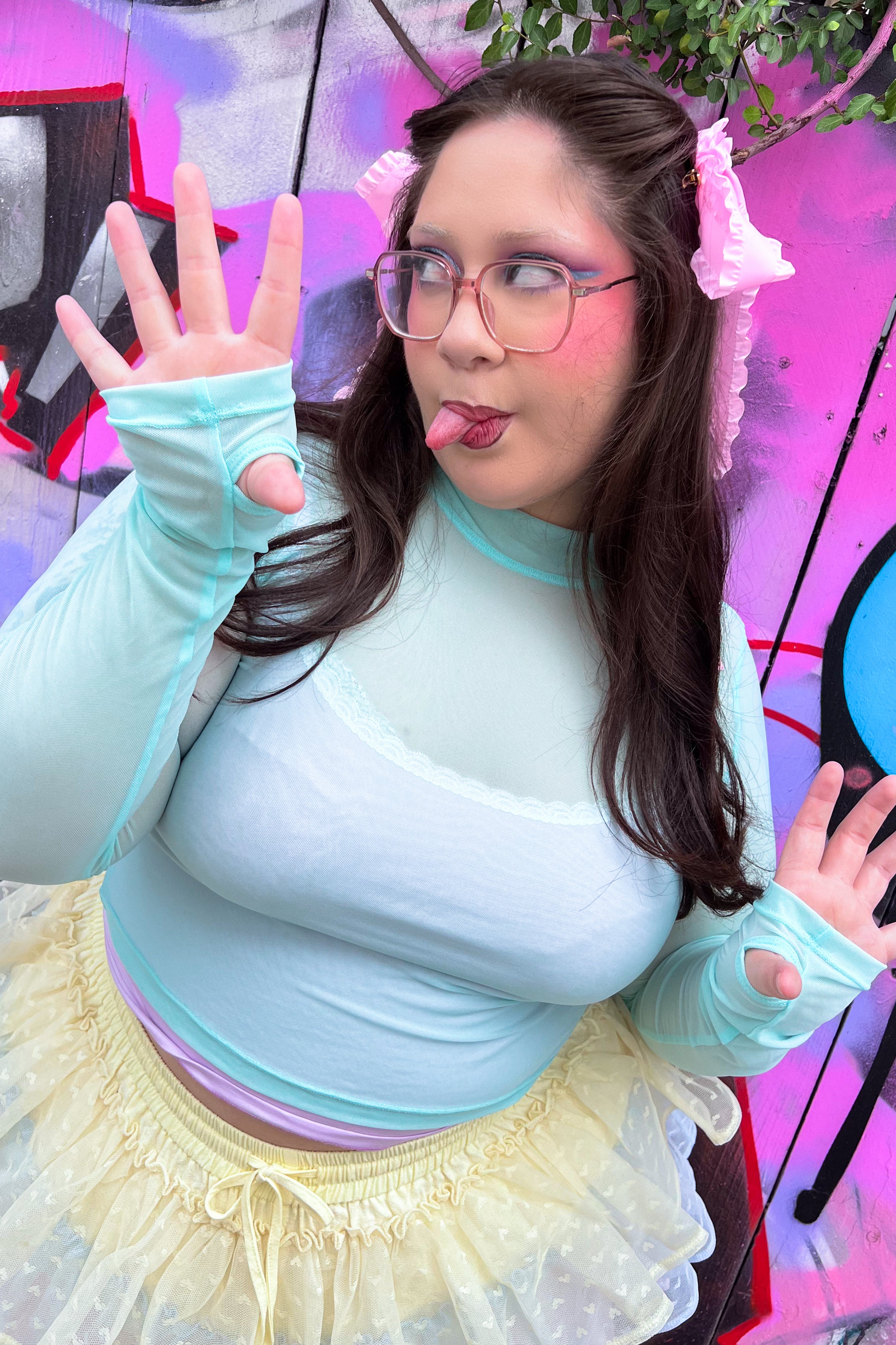 Basics Long Sleeve Mesh Top and Cami Set - Mint/Lavender