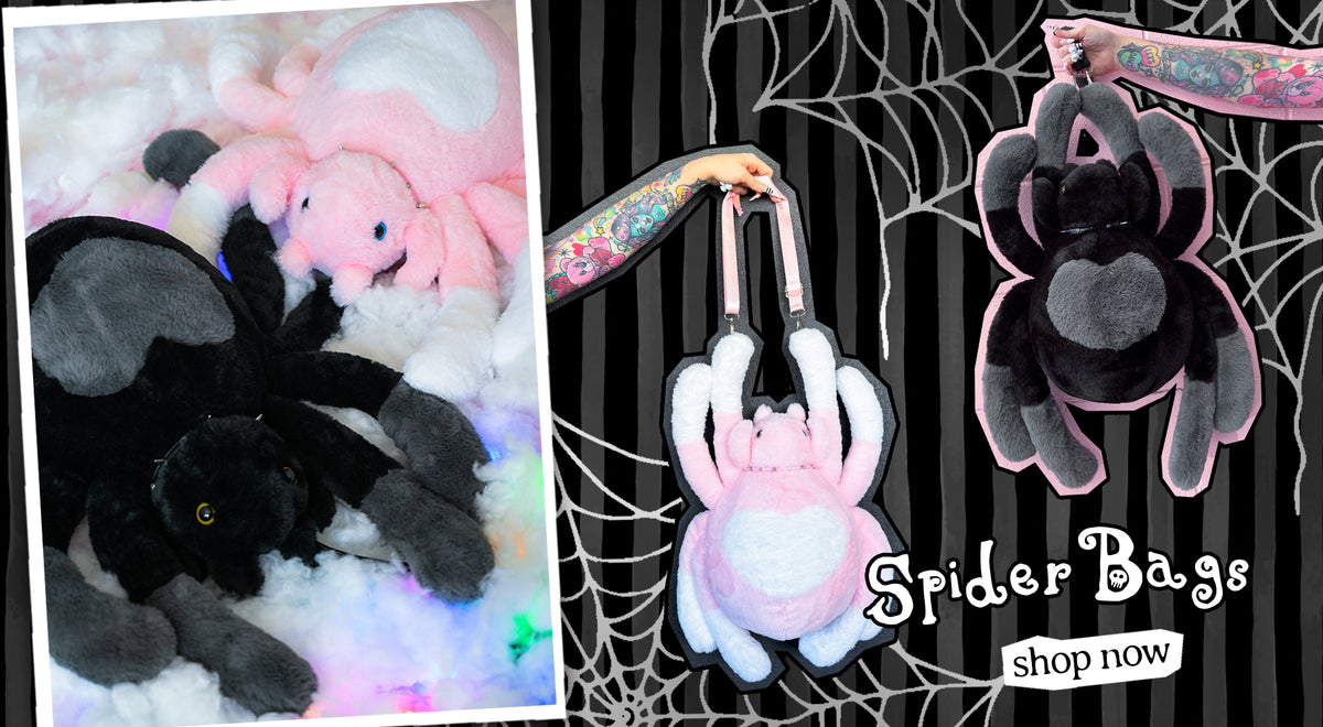 my violet spider backpacks banner showing black and pink plush spider bags
