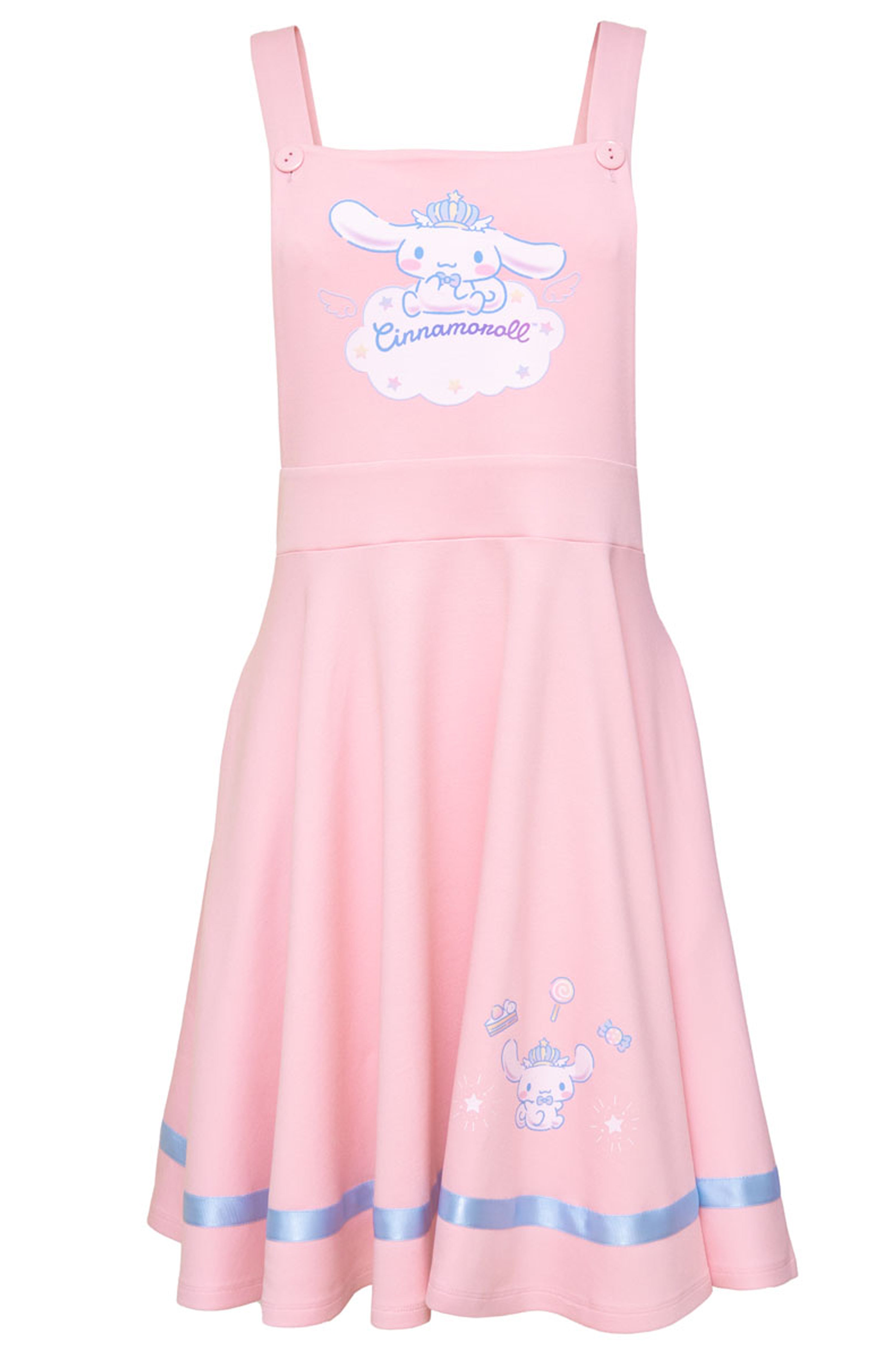 pink pinafore dress with a cute print of Cinnamoroll on a cloud on the front. The skirt has a blue statin ribbon and print of Cinnamoroll with some yummy sweets. The pinafore dress straps have adjustable length buttons.
