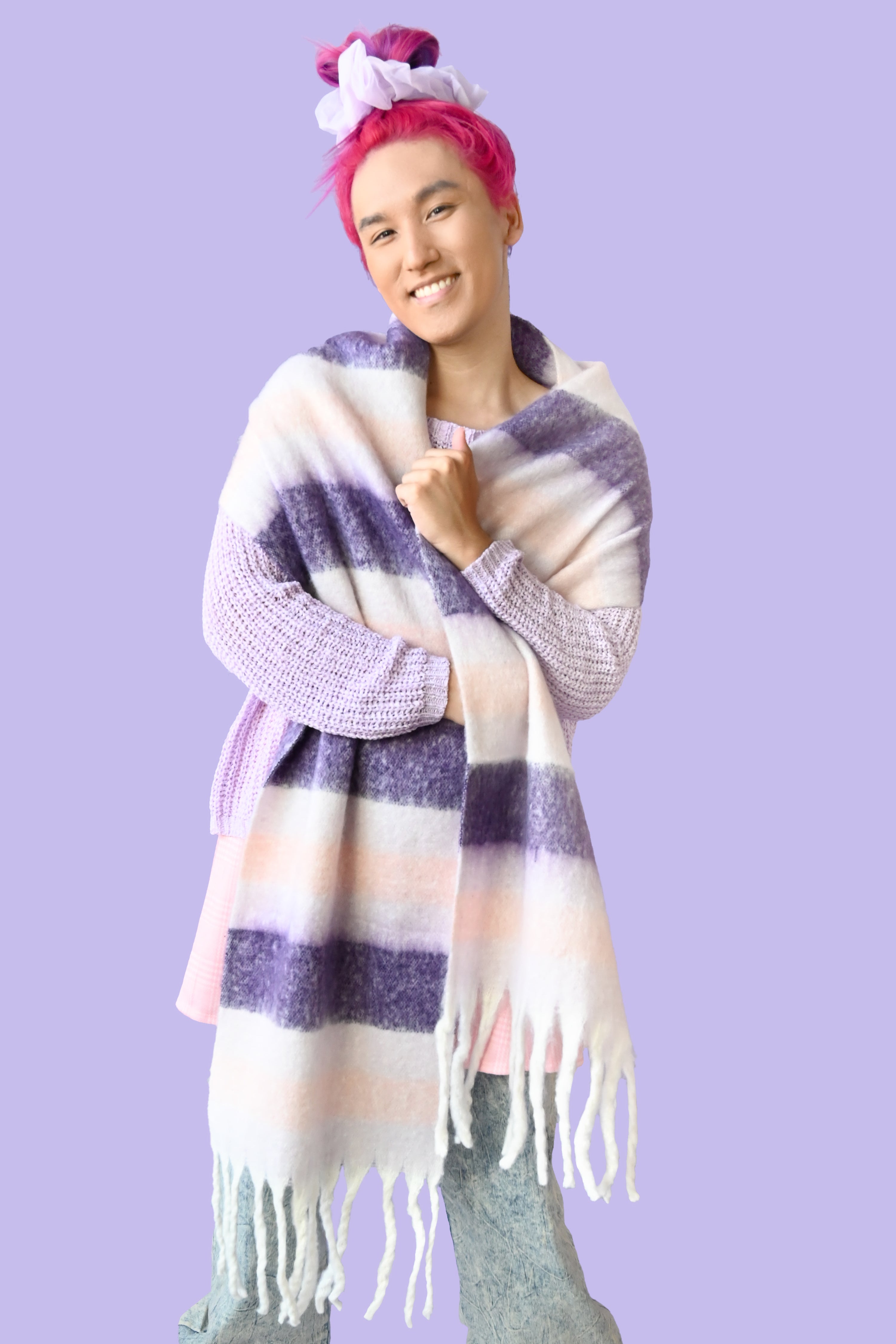 super soft white scarf with chunky pink and purple stripes 