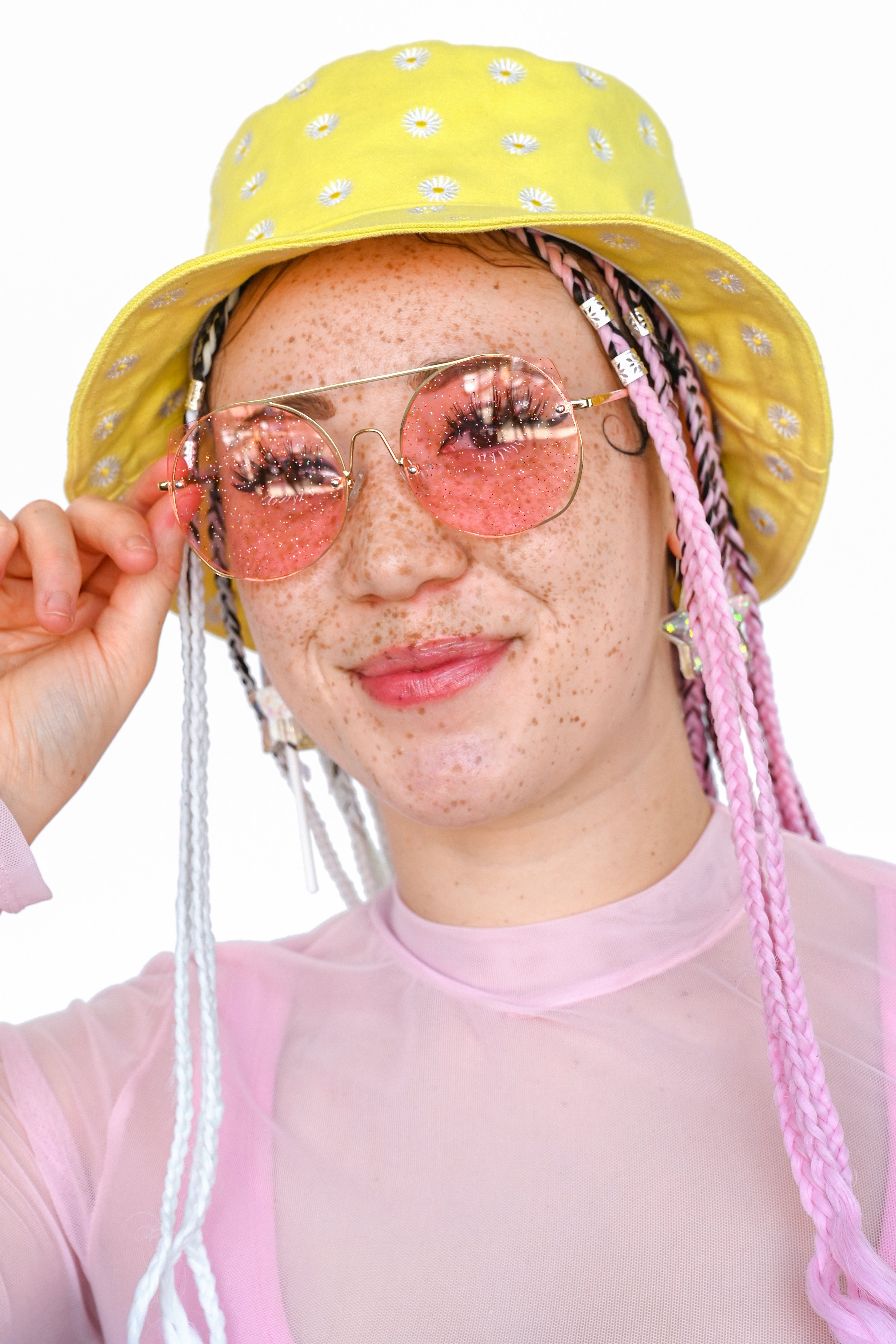Gold metal frame aviators with sparkly pink lenses!