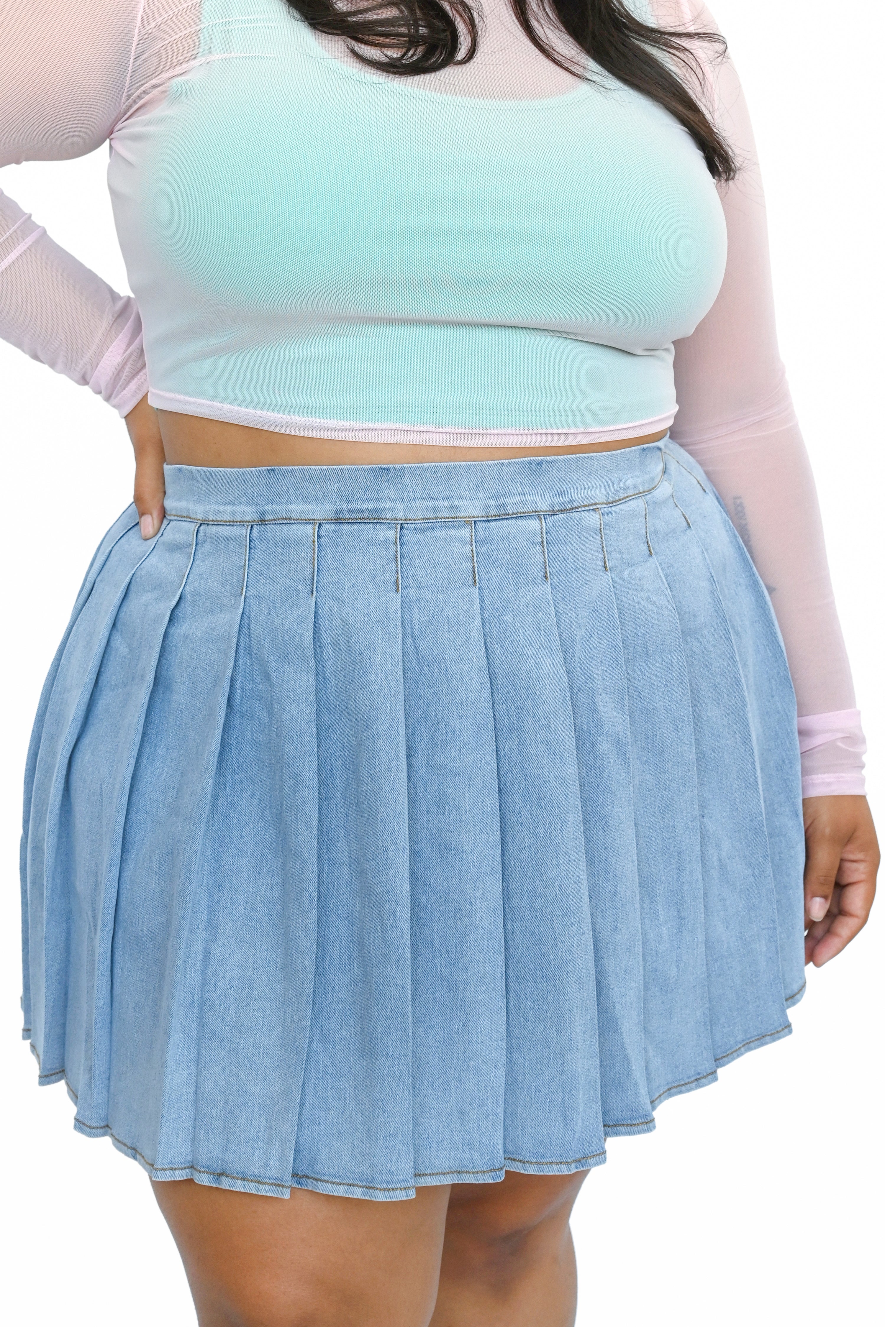 Pleated light wash denim skirt with built in shorts