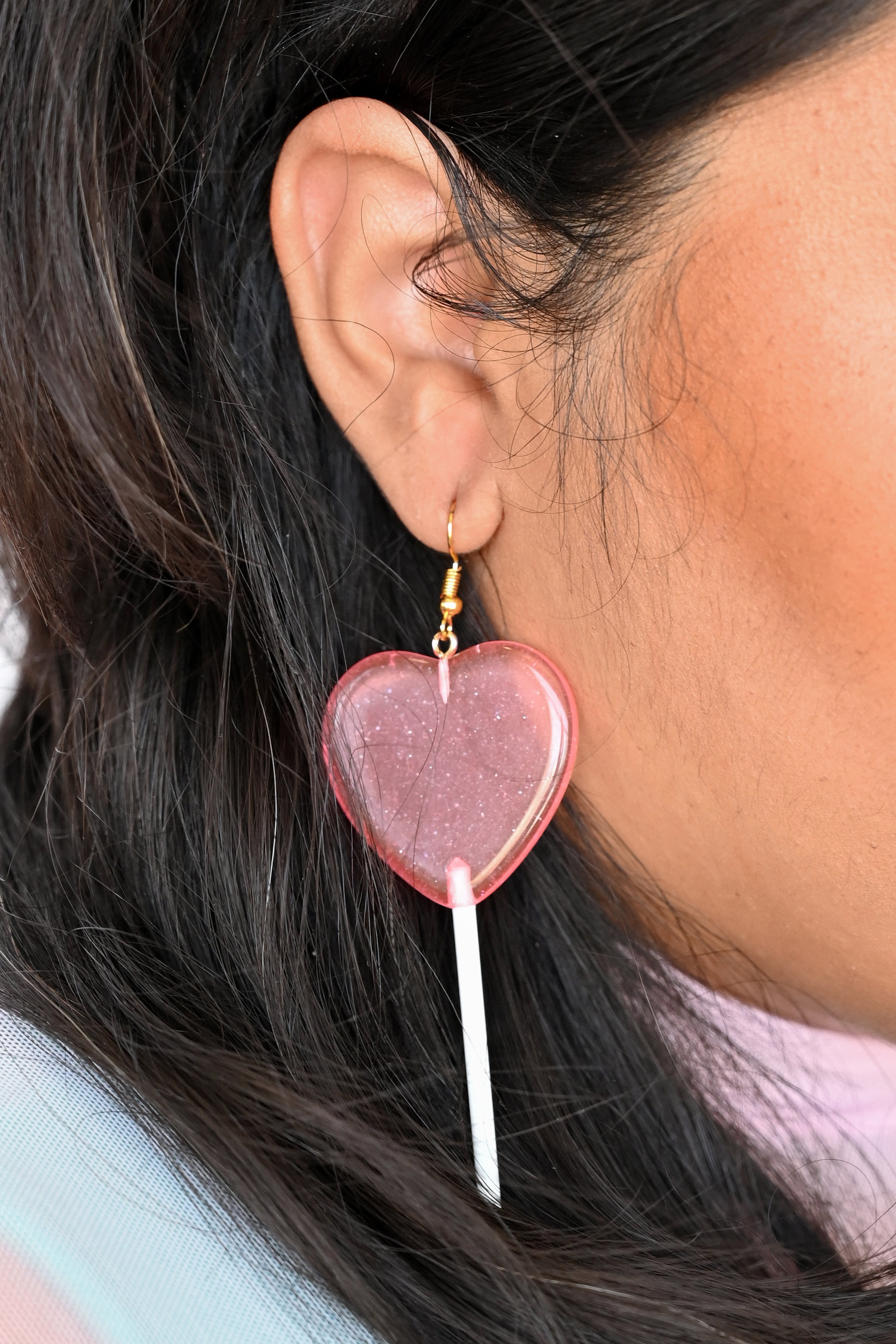 Pink glitter heart lollipop earrings