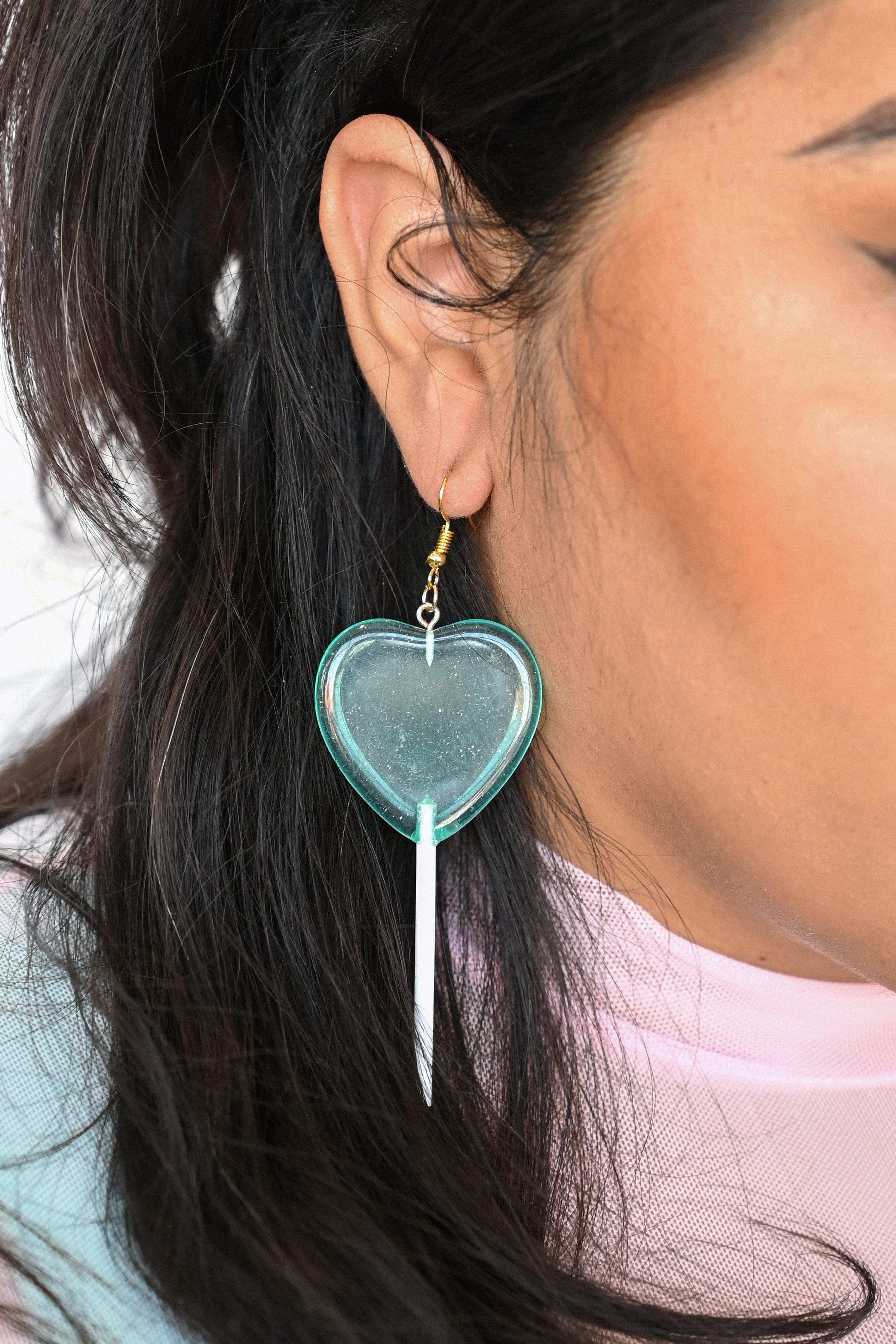 Blue glitter heart lollipop earrings
