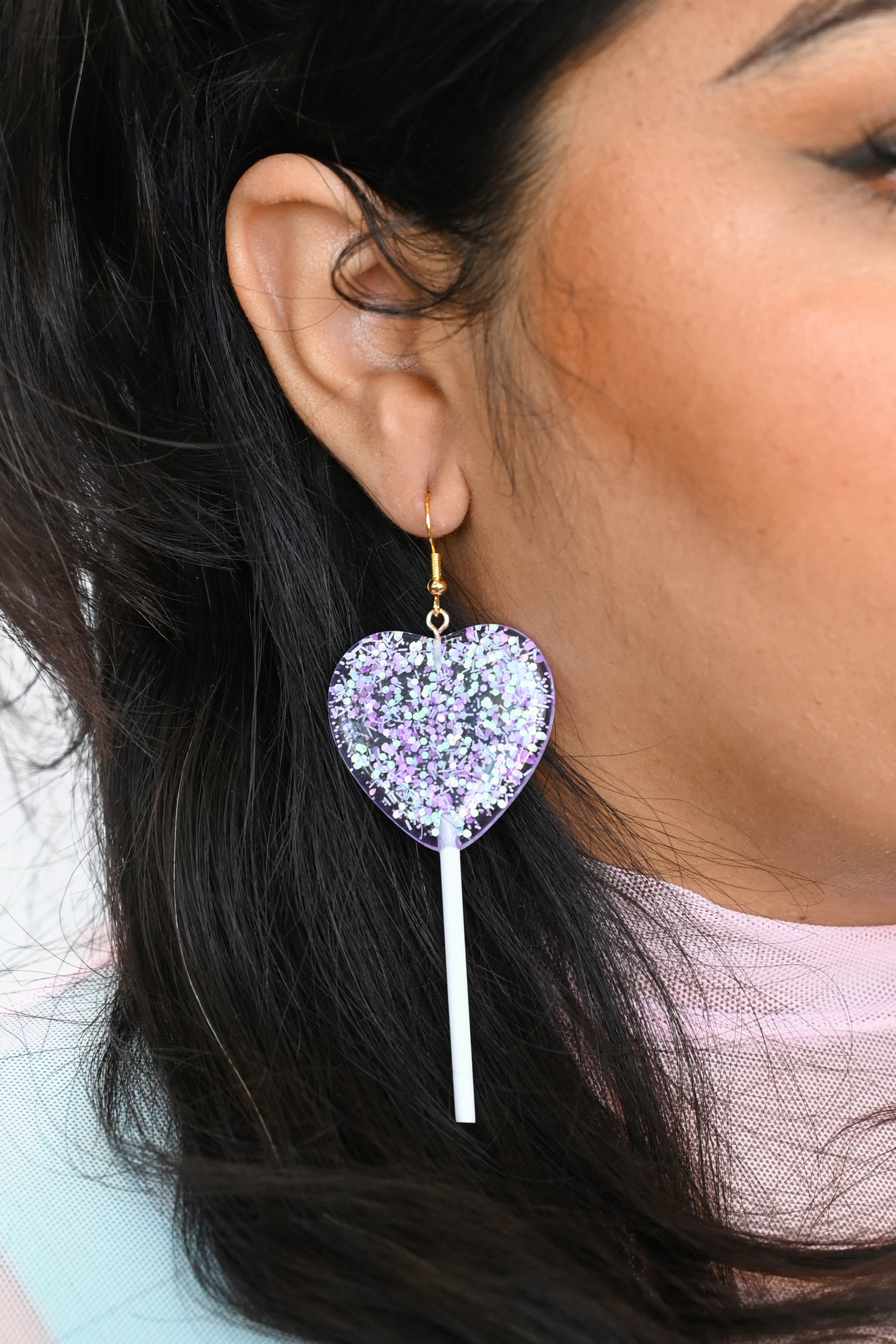 Blue/Purple Confetti glitter heart lollipop earrings