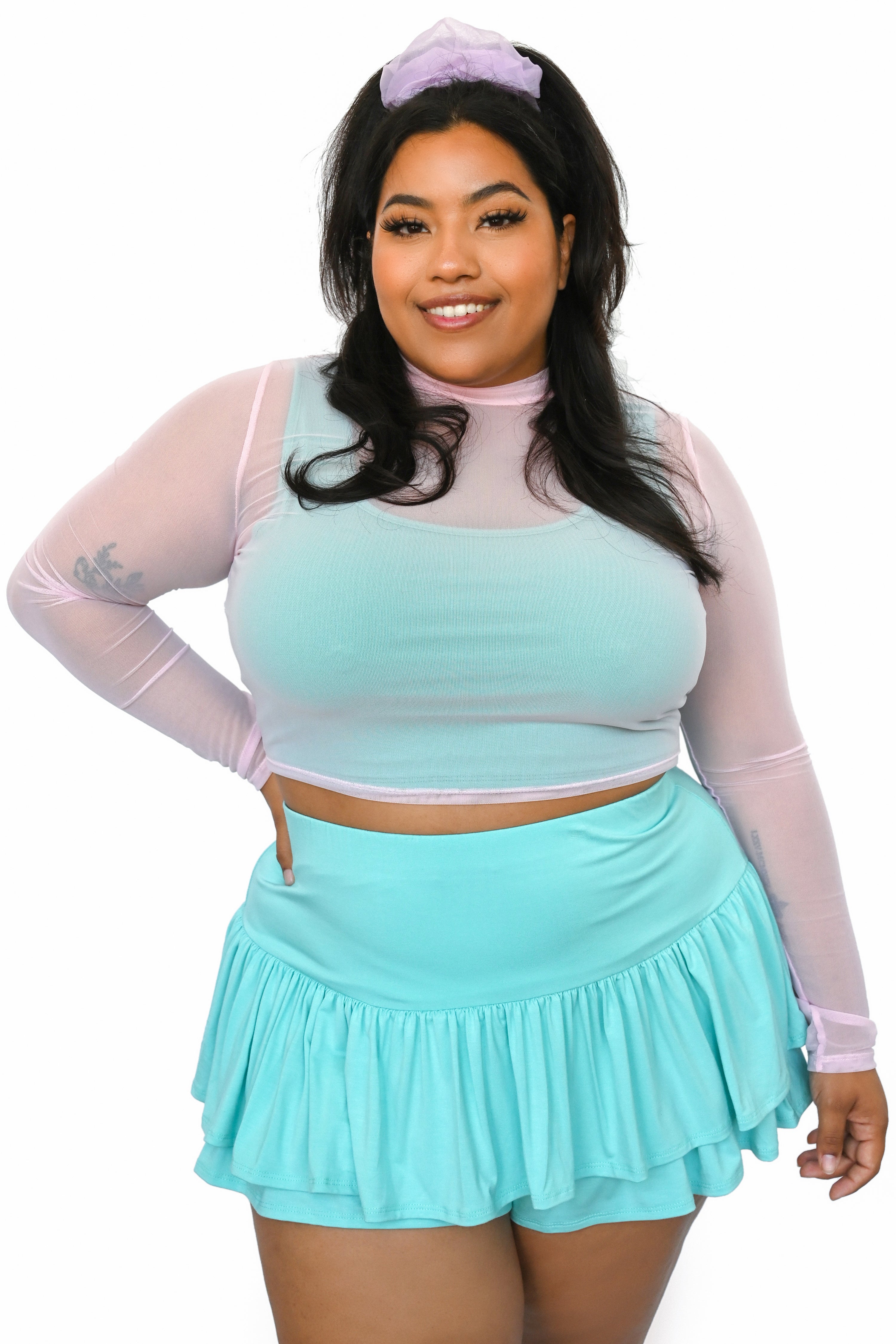 ruffle shorts with a layer to make them look like a skirt! in aqua blue