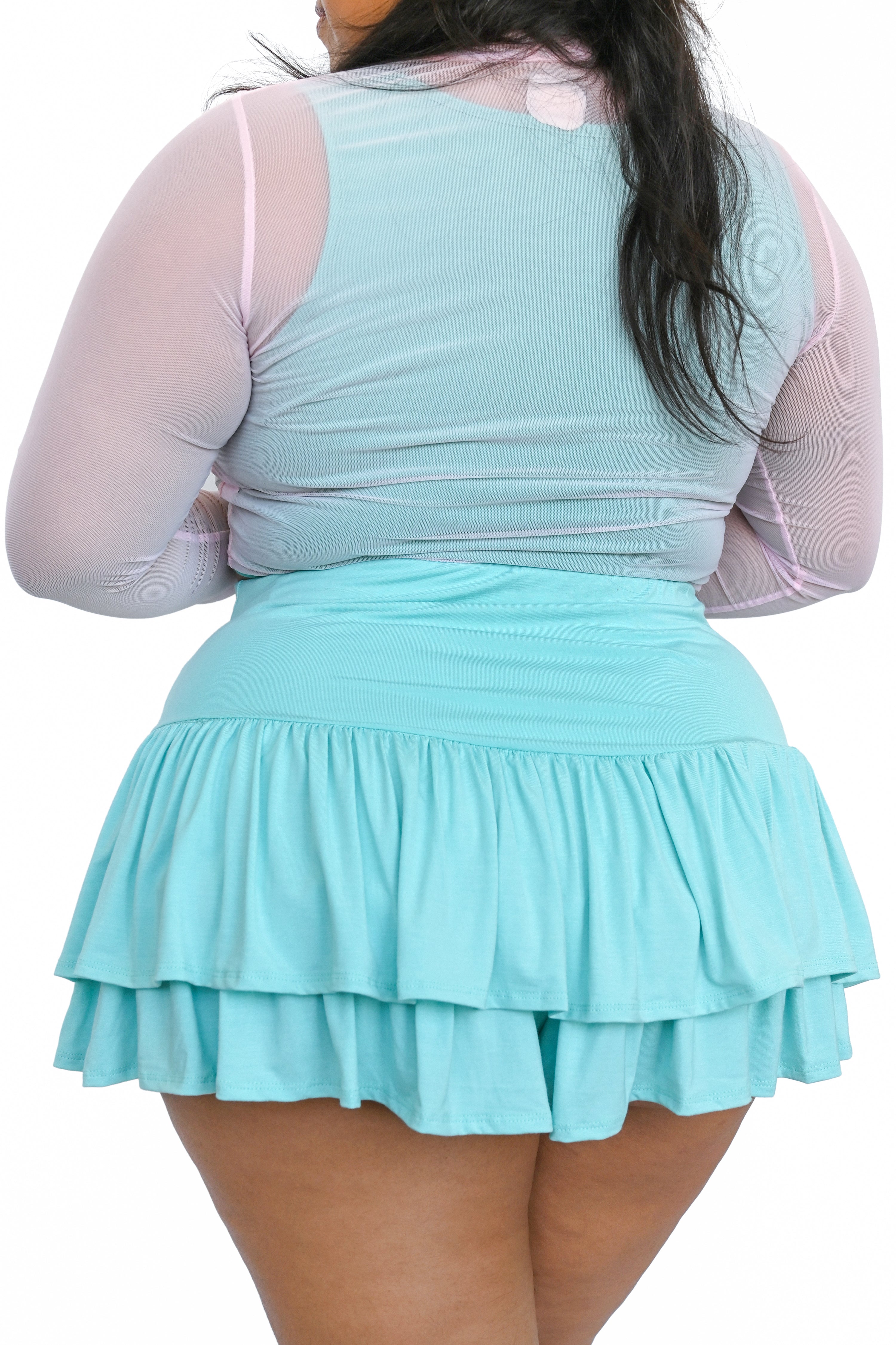 ruffle shorts with a layer to make them look like a skirt! in aqua blue