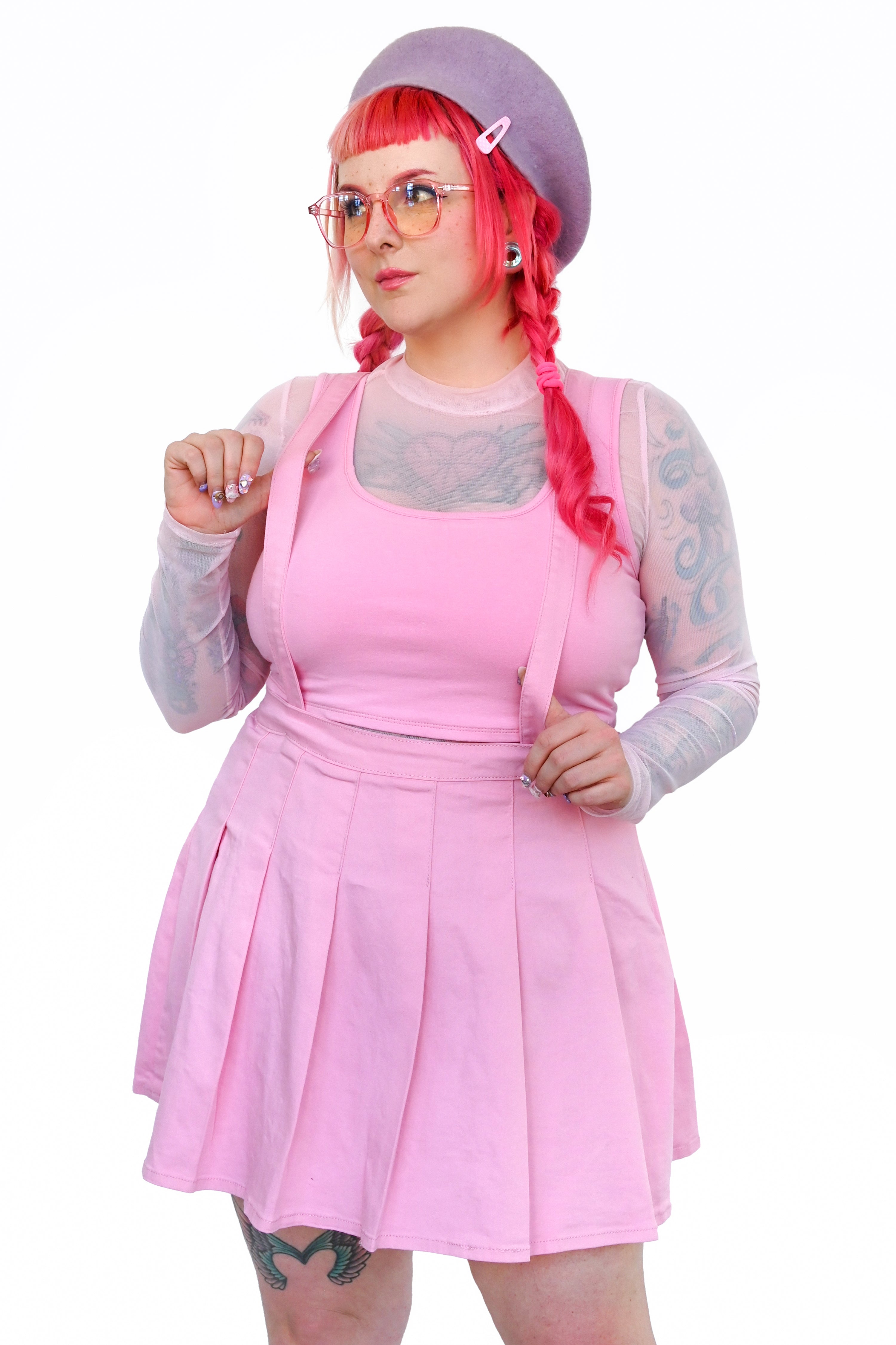 Suspended Denim Pleated Skirt - Pink