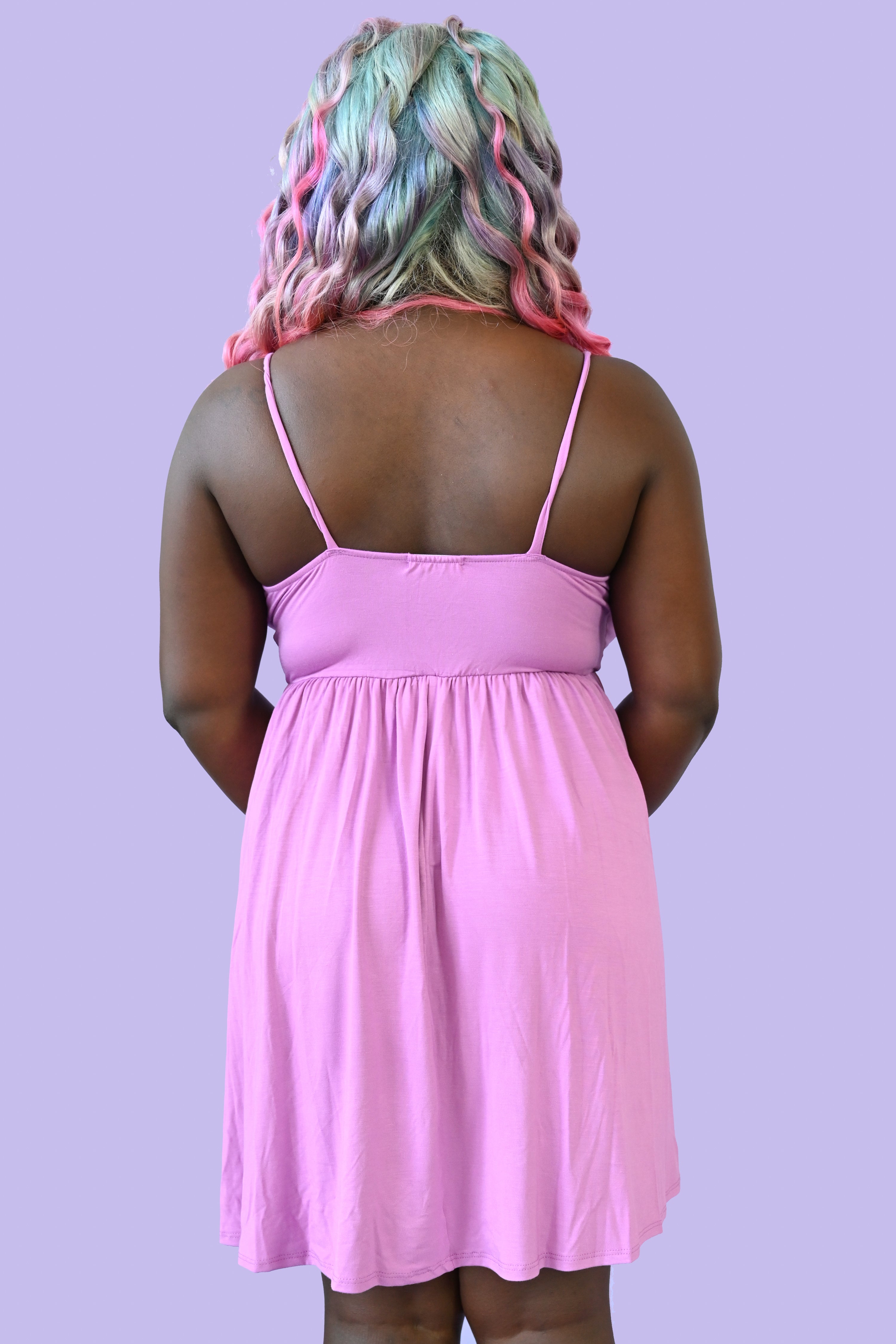 backview of the bestie dress showing spaghetti strap style thin straps