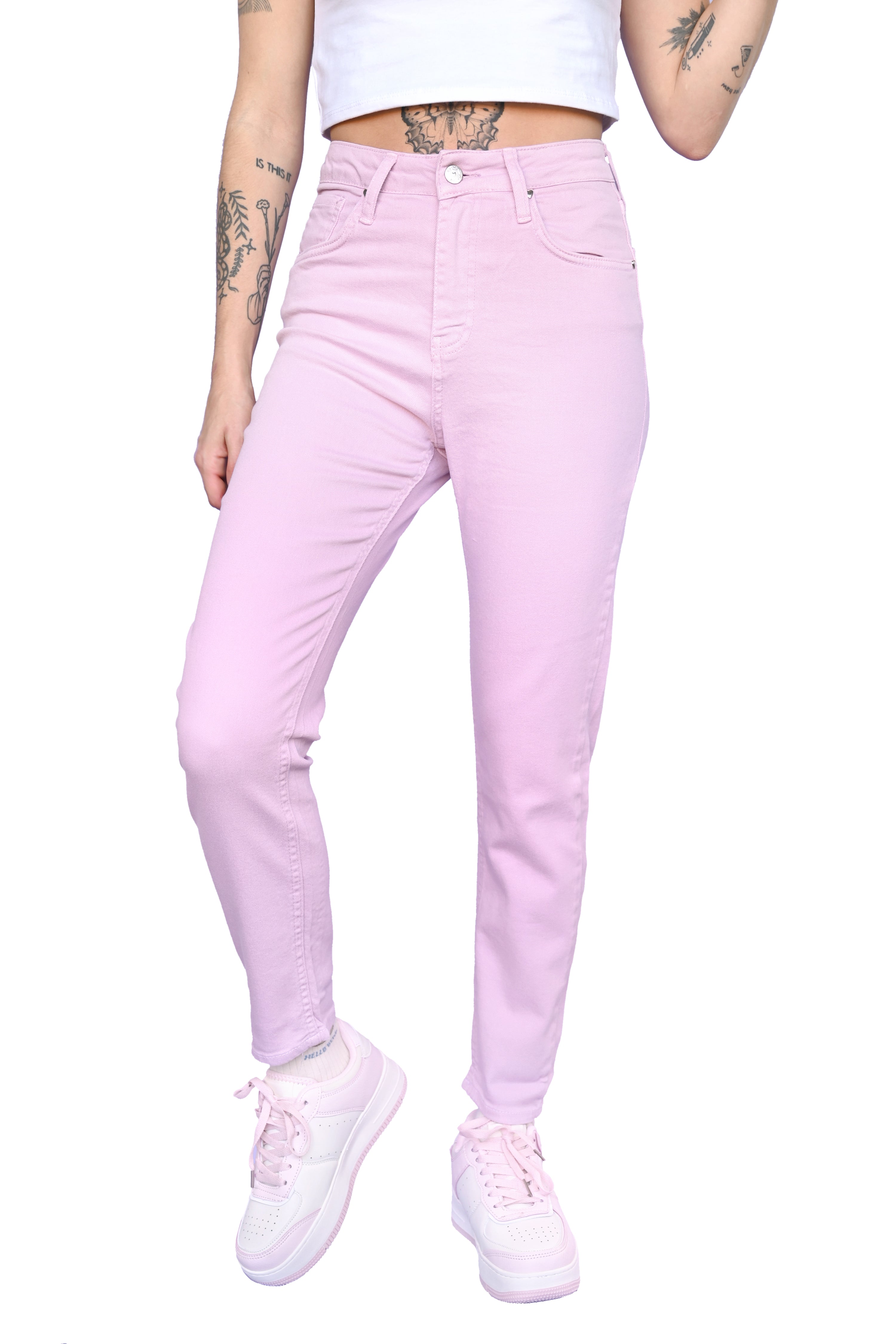 A pair of lilac relax fit skinny jeans with a high waist and 5 pockets