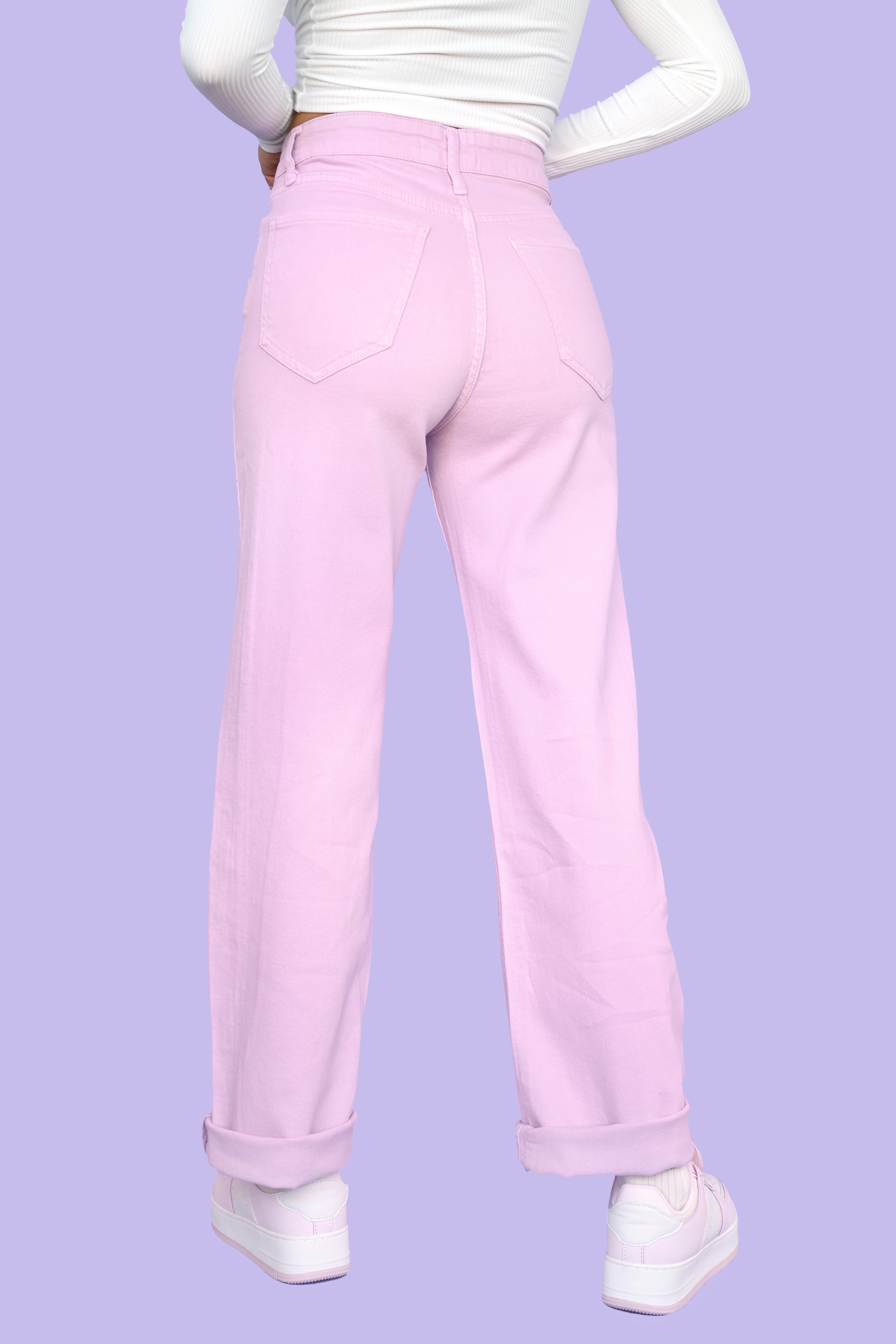 lilac - High waisted, 90's straight leg fit. Slouchy and oversized but regular in the waist. Slight stretch. Durable denim. back view
