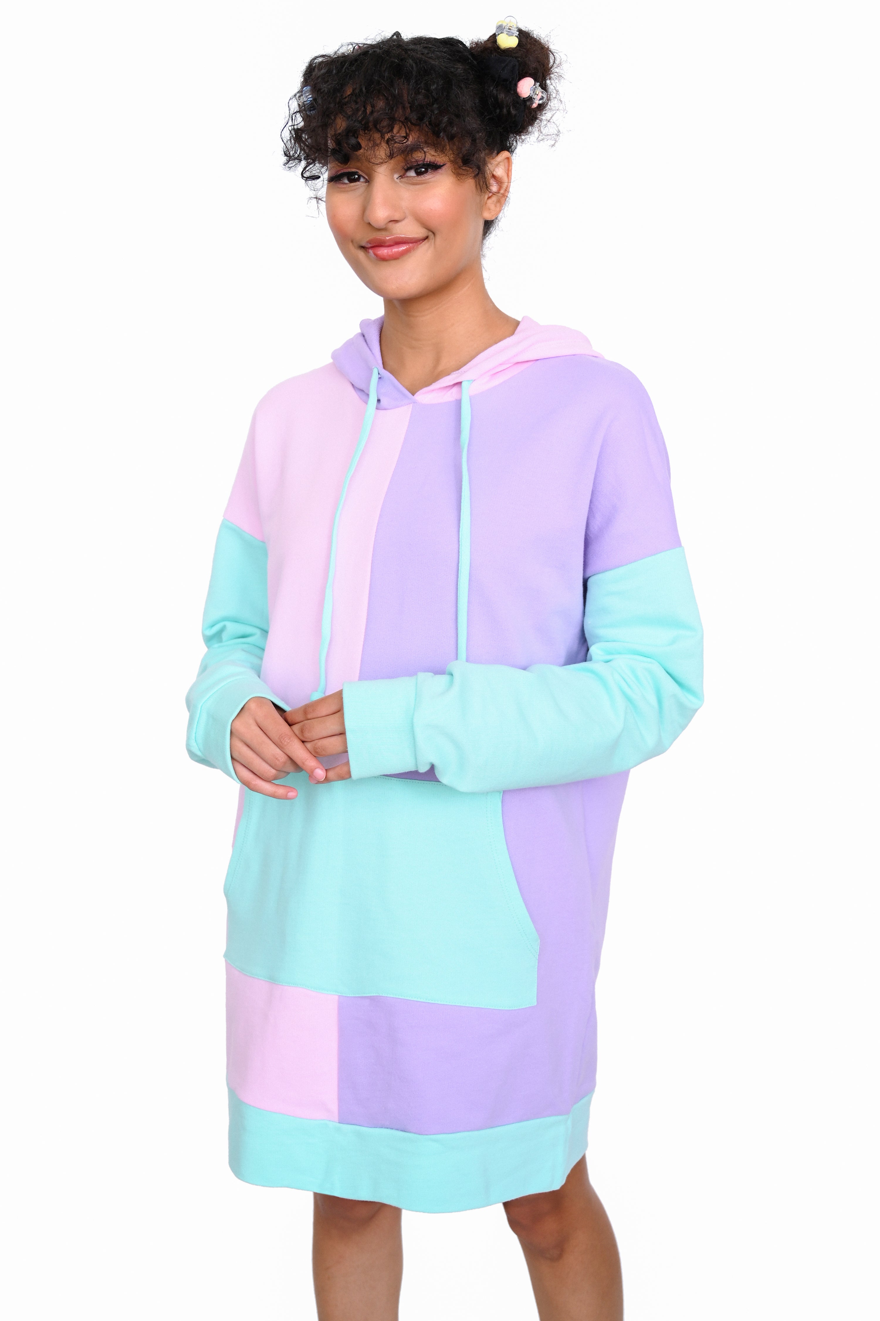 pastel colorblock hoodie in pink, purple, and mint