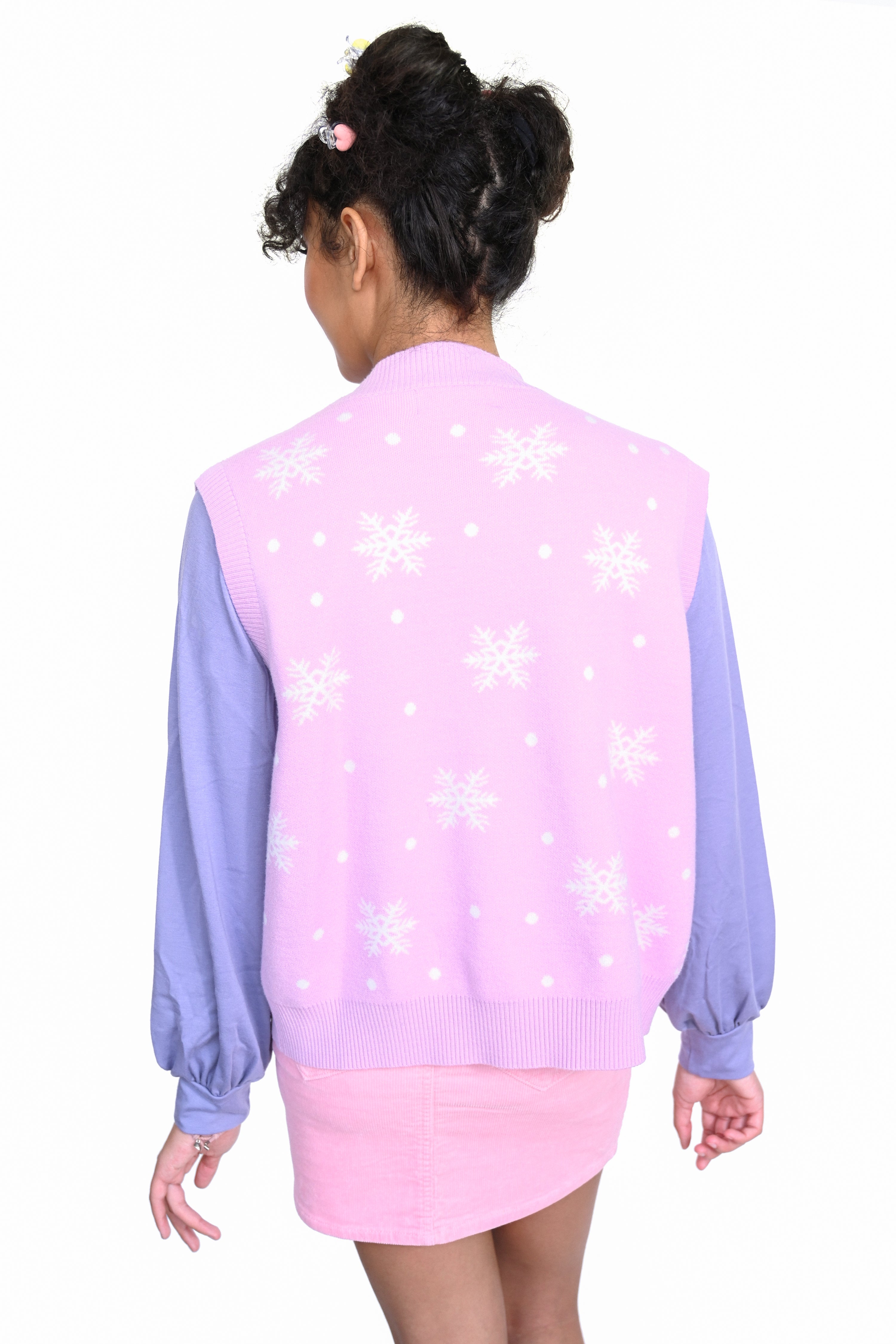 Knit button up sweater vest with pink bear, snowflakes, and gift boxes  Edit alt text