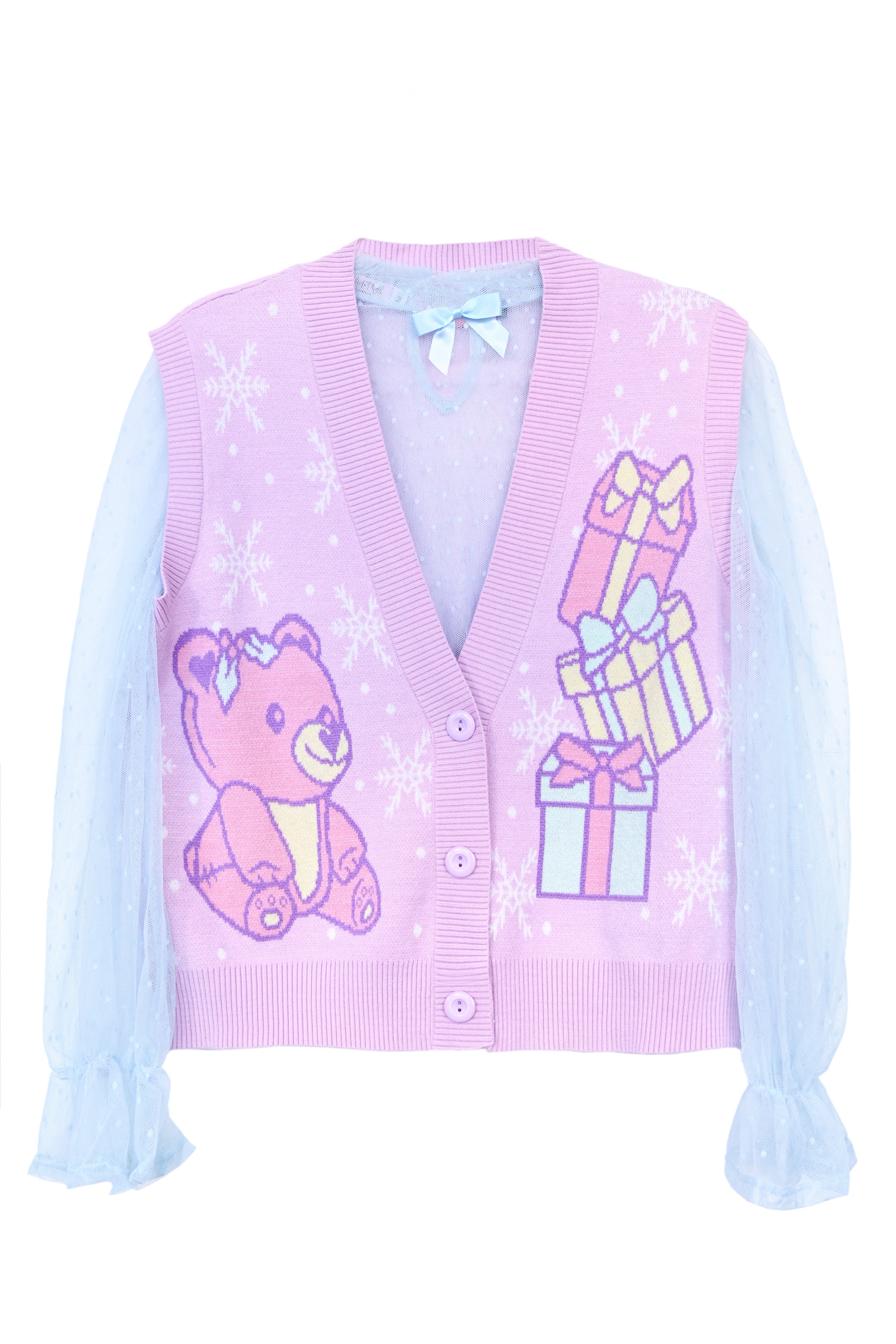Knit button up sweater vest with pink bear, snowflakes, and gift boxes  Edit alt text