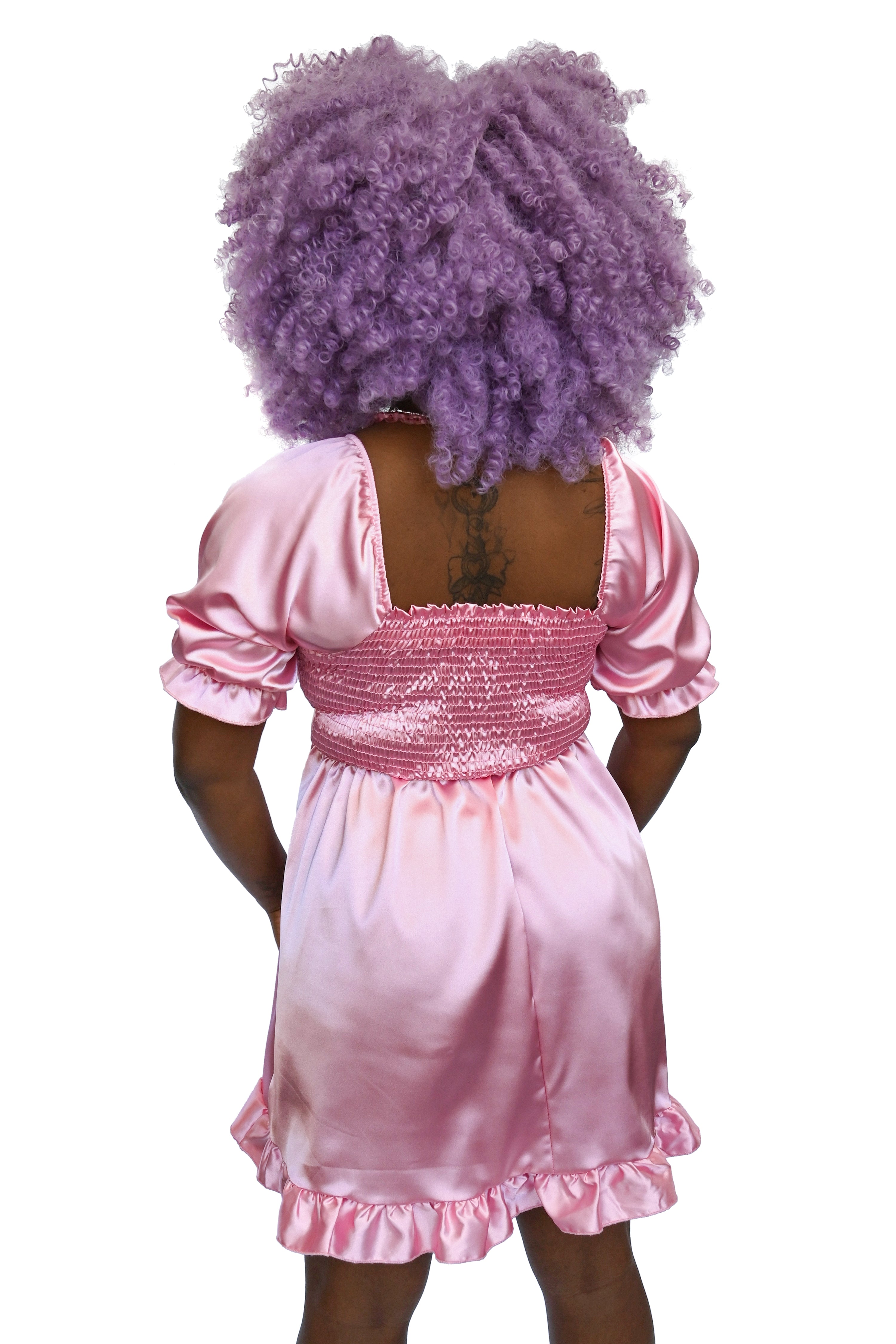 Baby pink satin babydoll dress with a square neckline, poofy sleeves with ruffle trim! Back is shirred