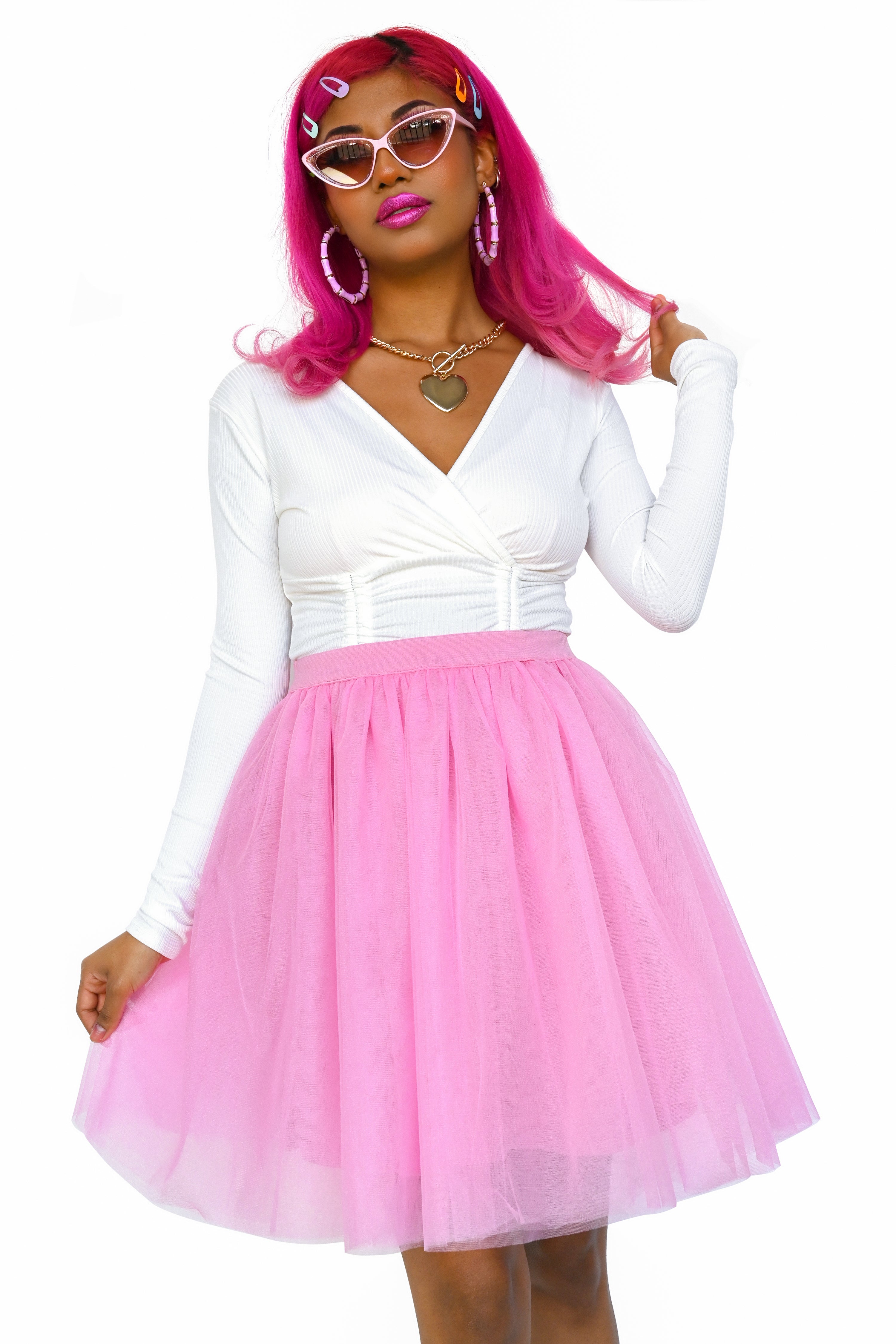 pink mini length tulle skirt with tie ribbon