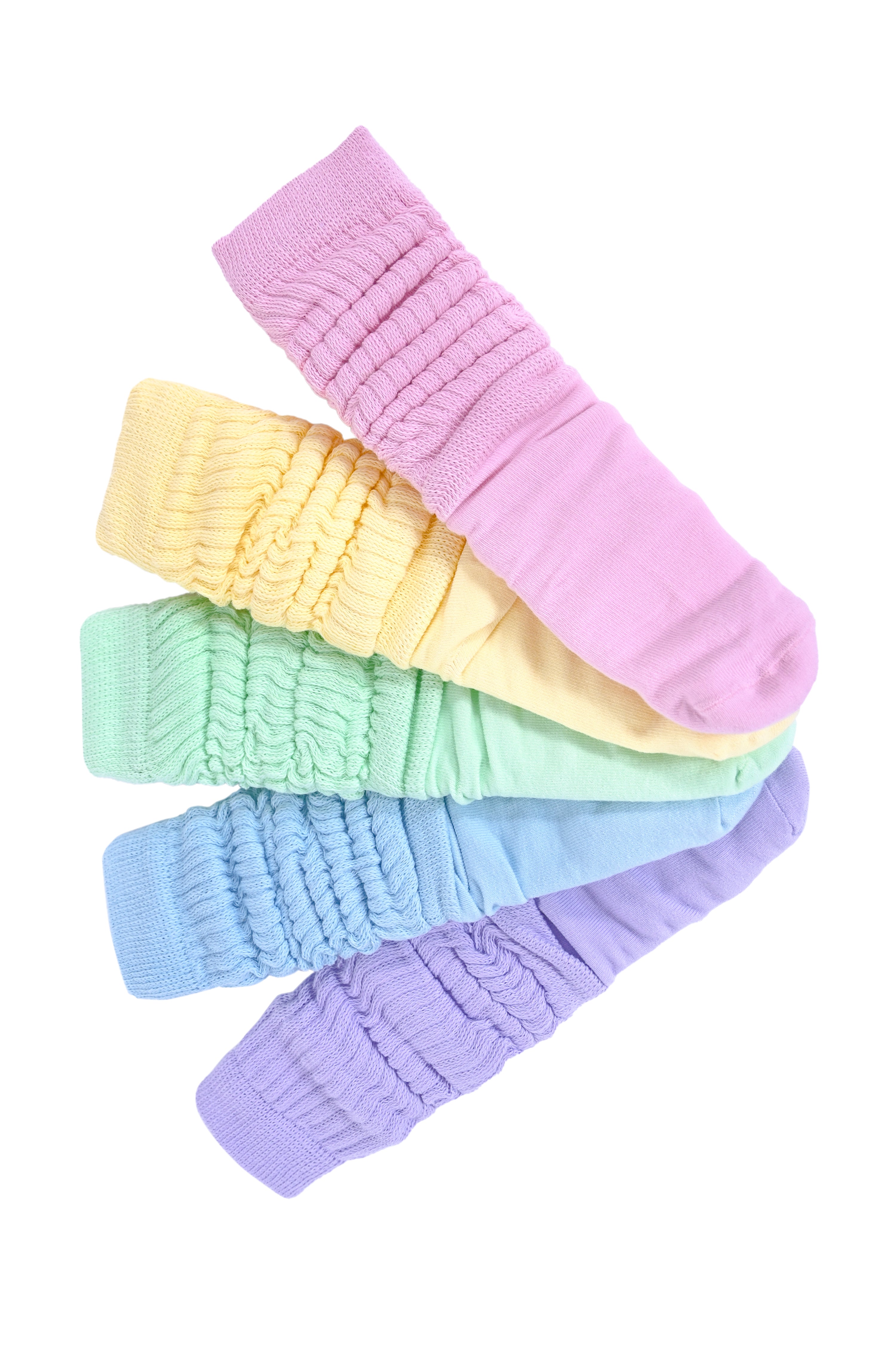 A multipack of pink, lavender, sky blue, mint, and yellow socks  Edit alt text