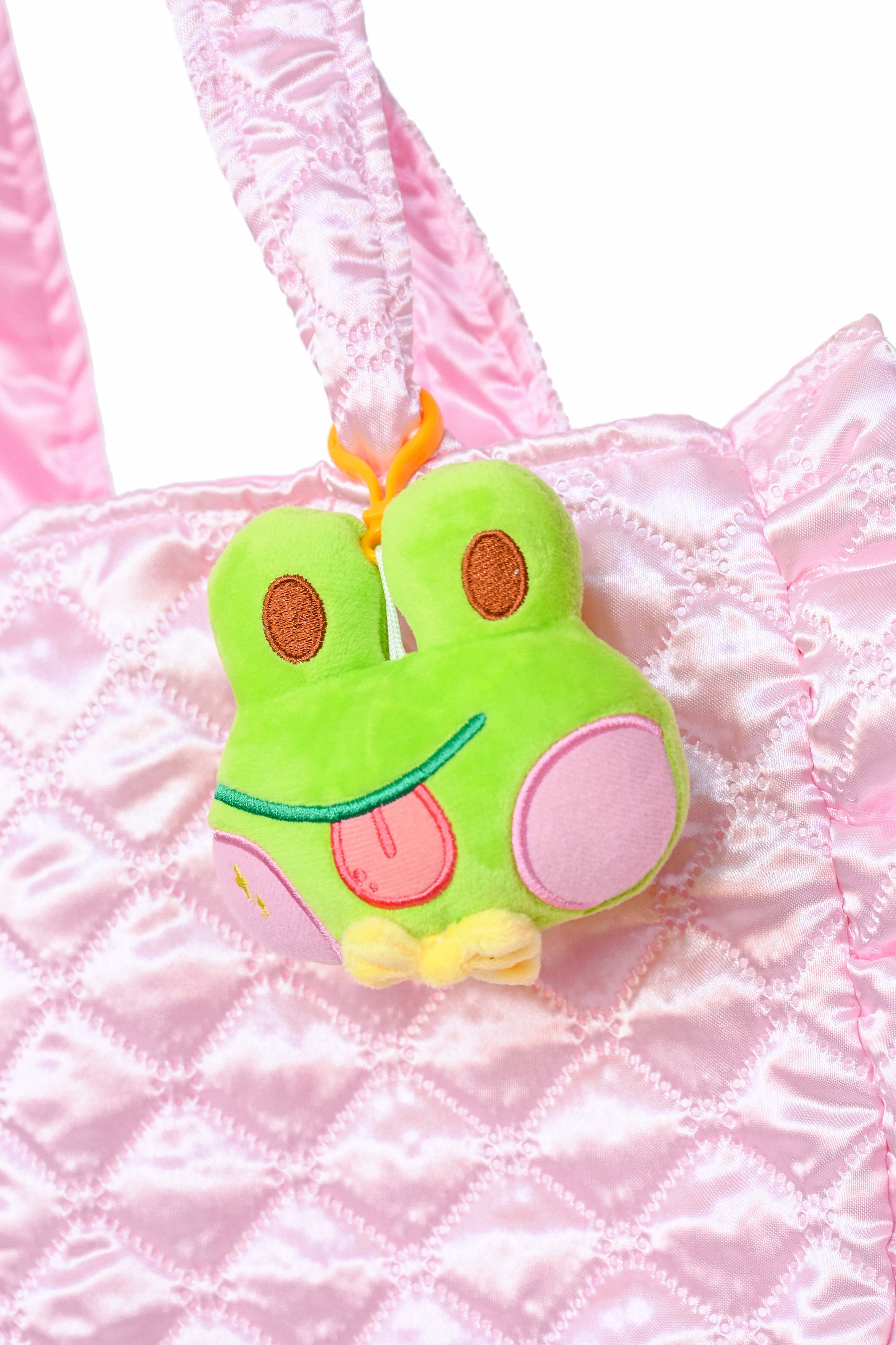 Silly green frog keychain with a yellow bowtie