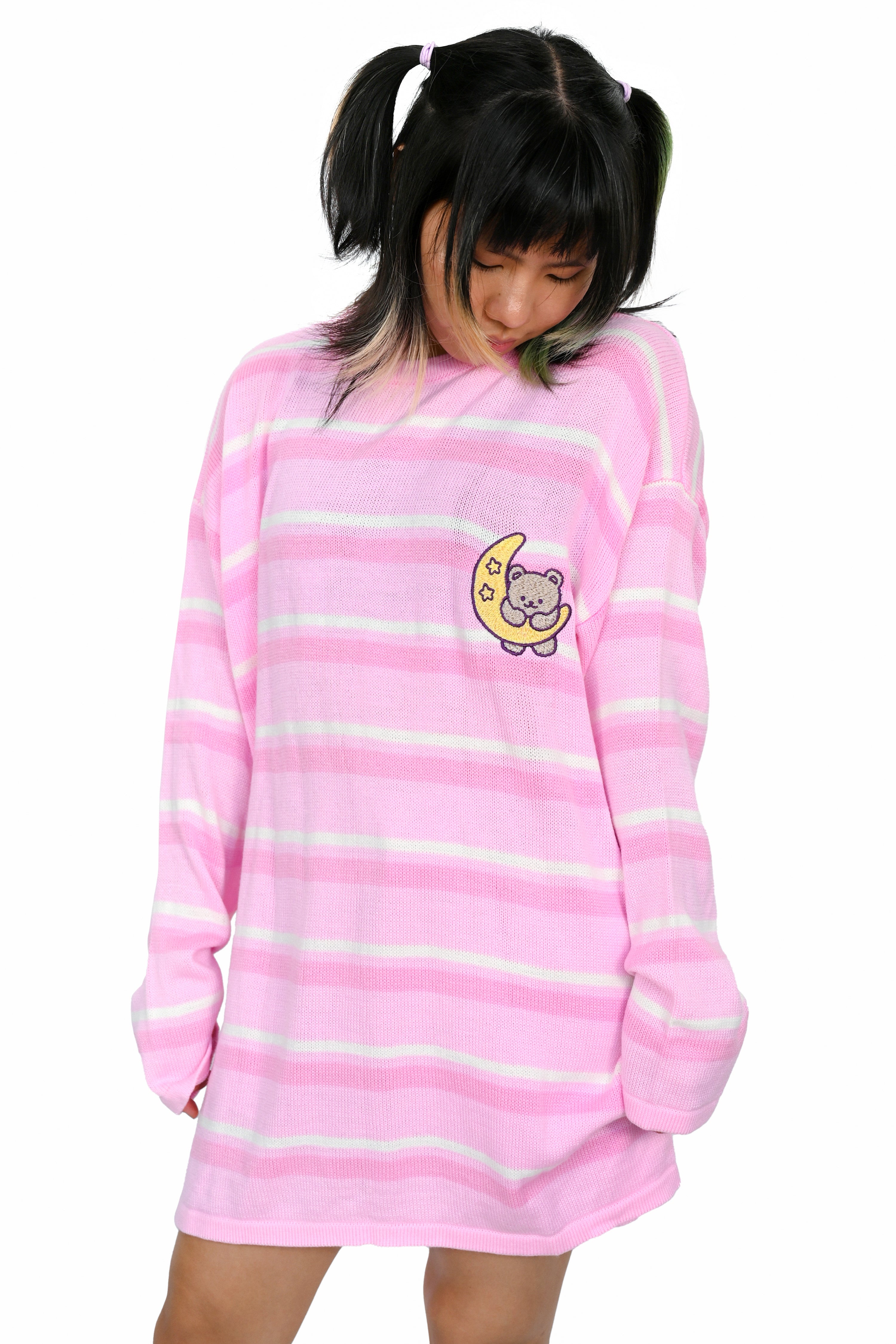 Pink Striped sweater with embroidered bear hanging off a moon