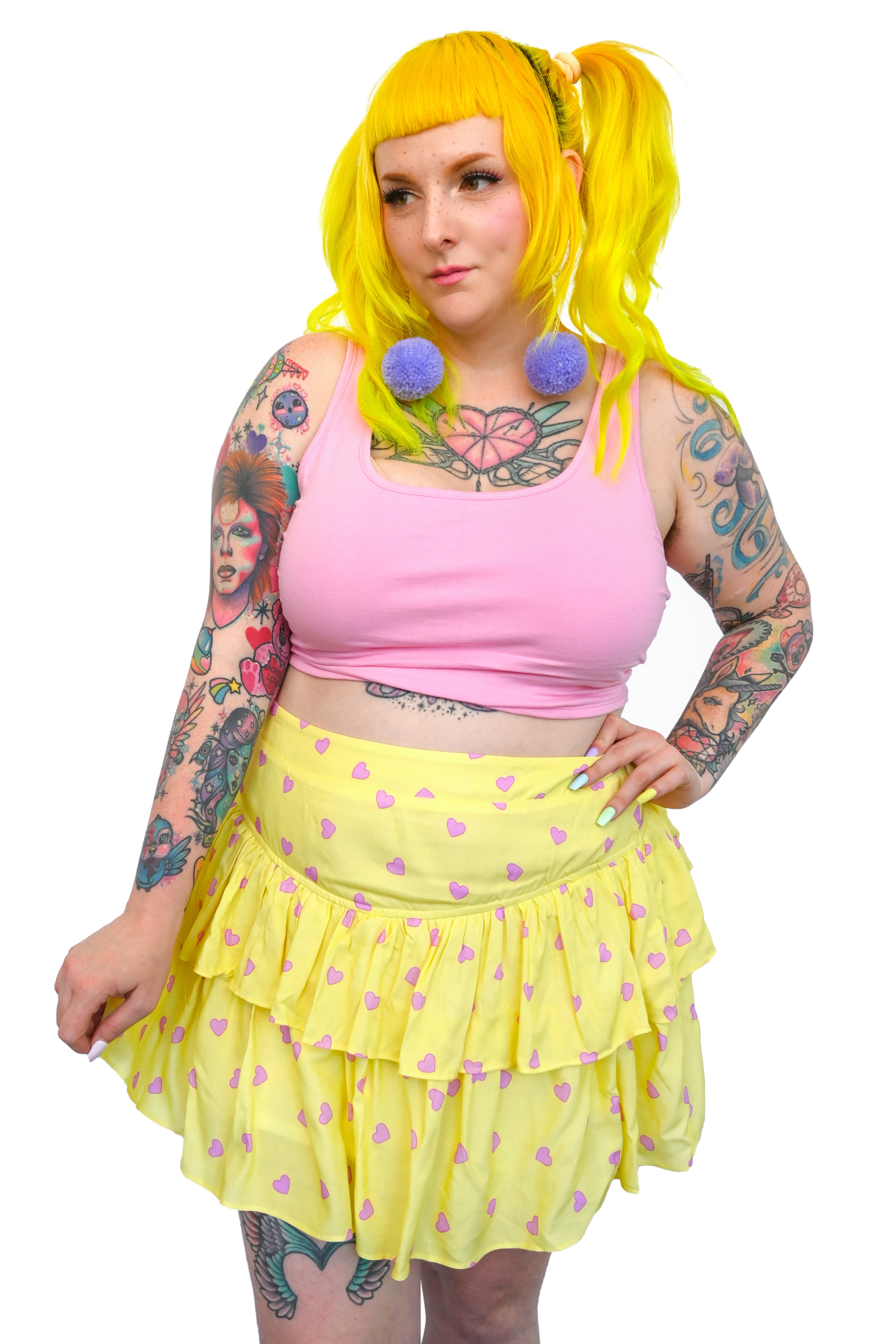Yellow with pink hearts, super lightweight viscose tiered ruffle skirt. 