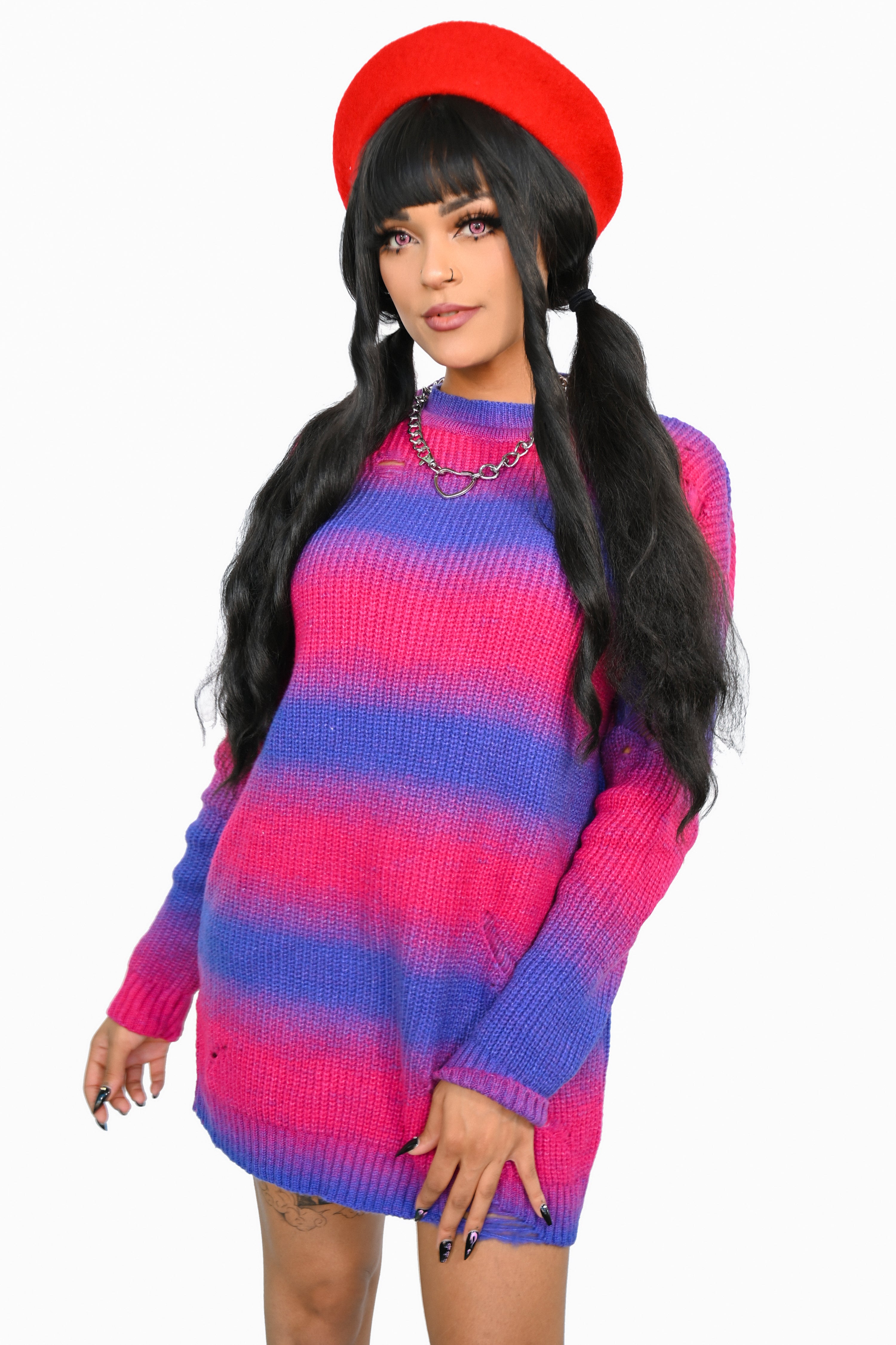 Pink and purple faded gradient striped oversized sweater with a slight distressing