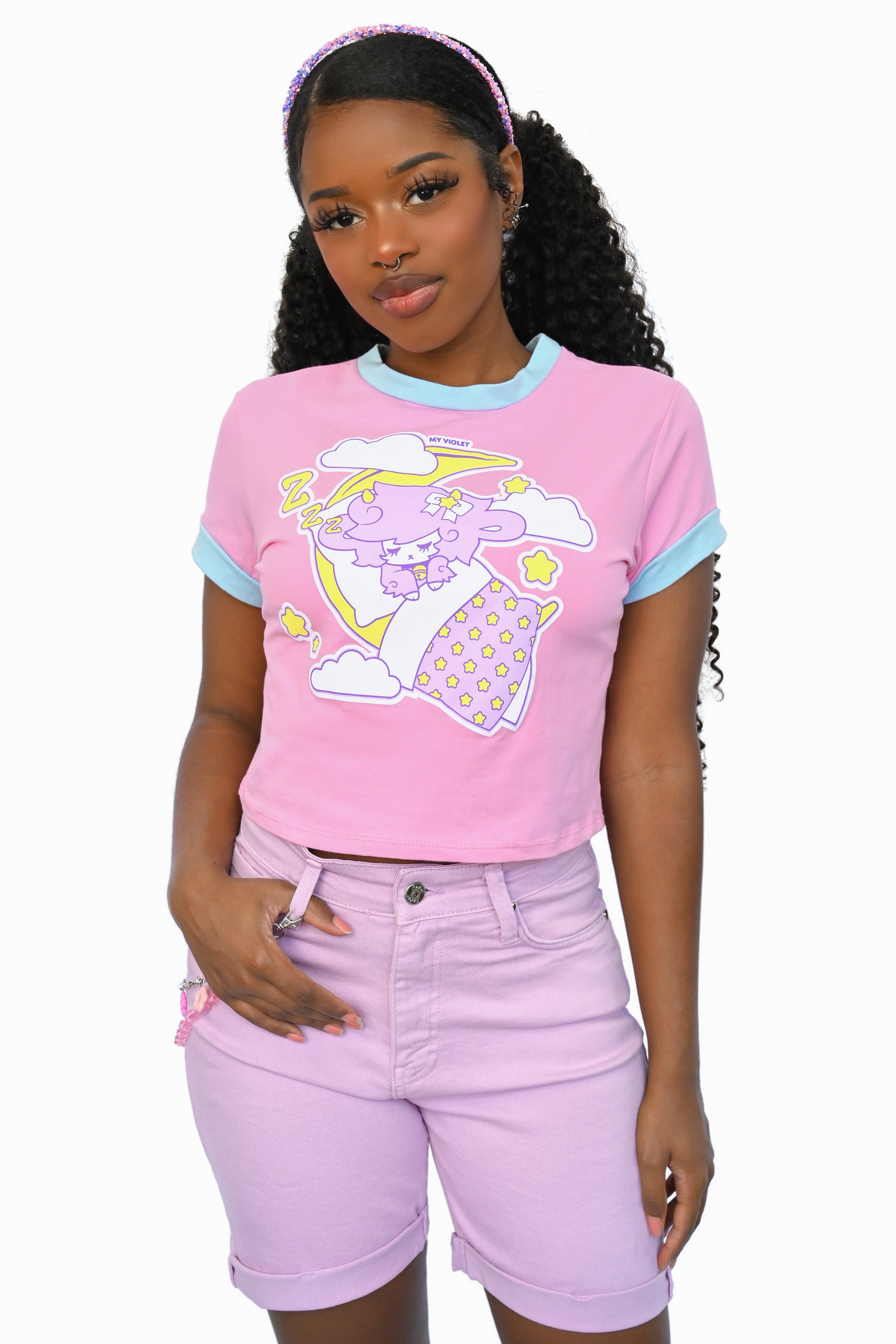 pink cropped tee shirt with pastel blue neck and shoulder hem. Sleepy sheep and moon screen print on the front