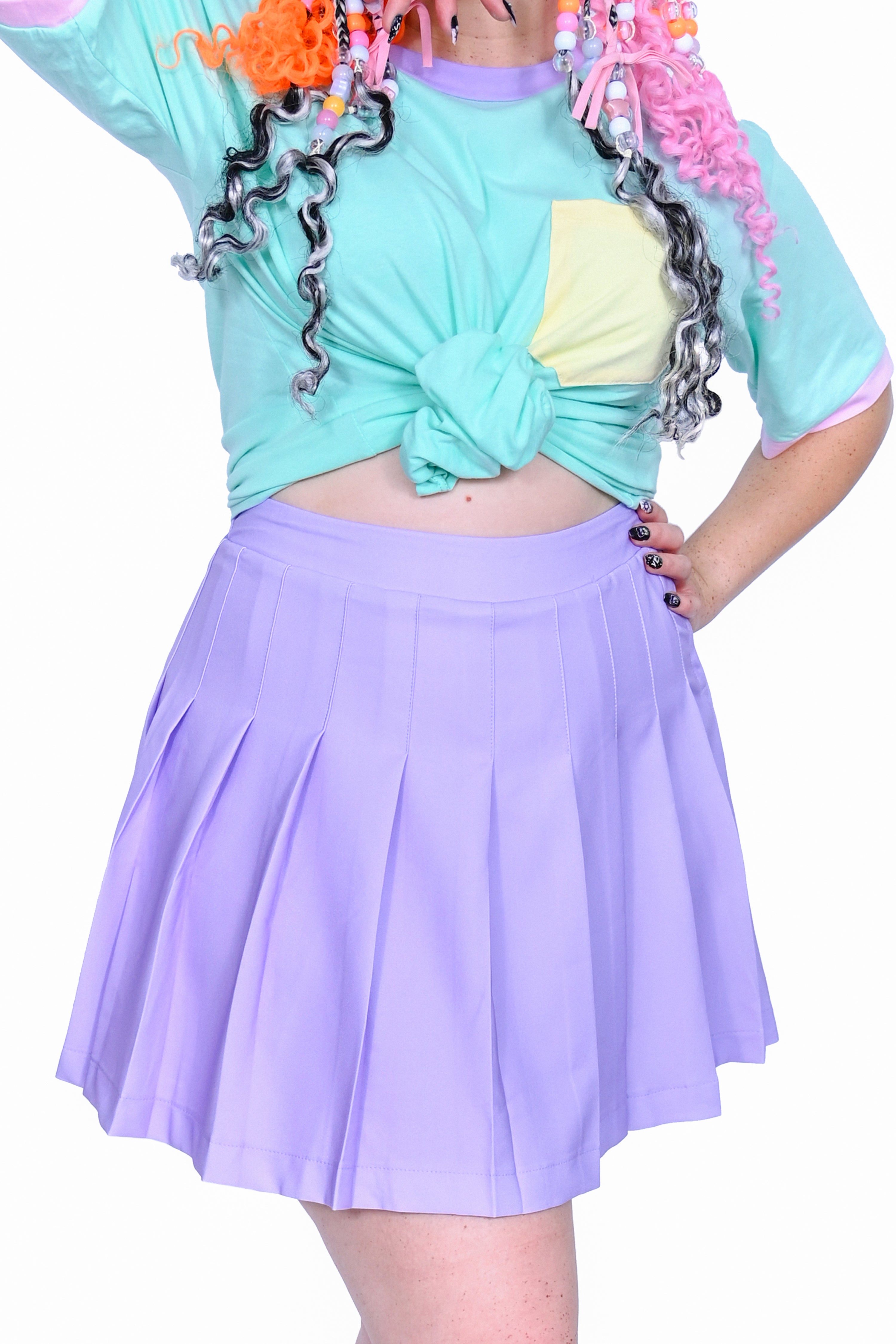 Lavender pleated skirt with side zipper and built in safety shorts