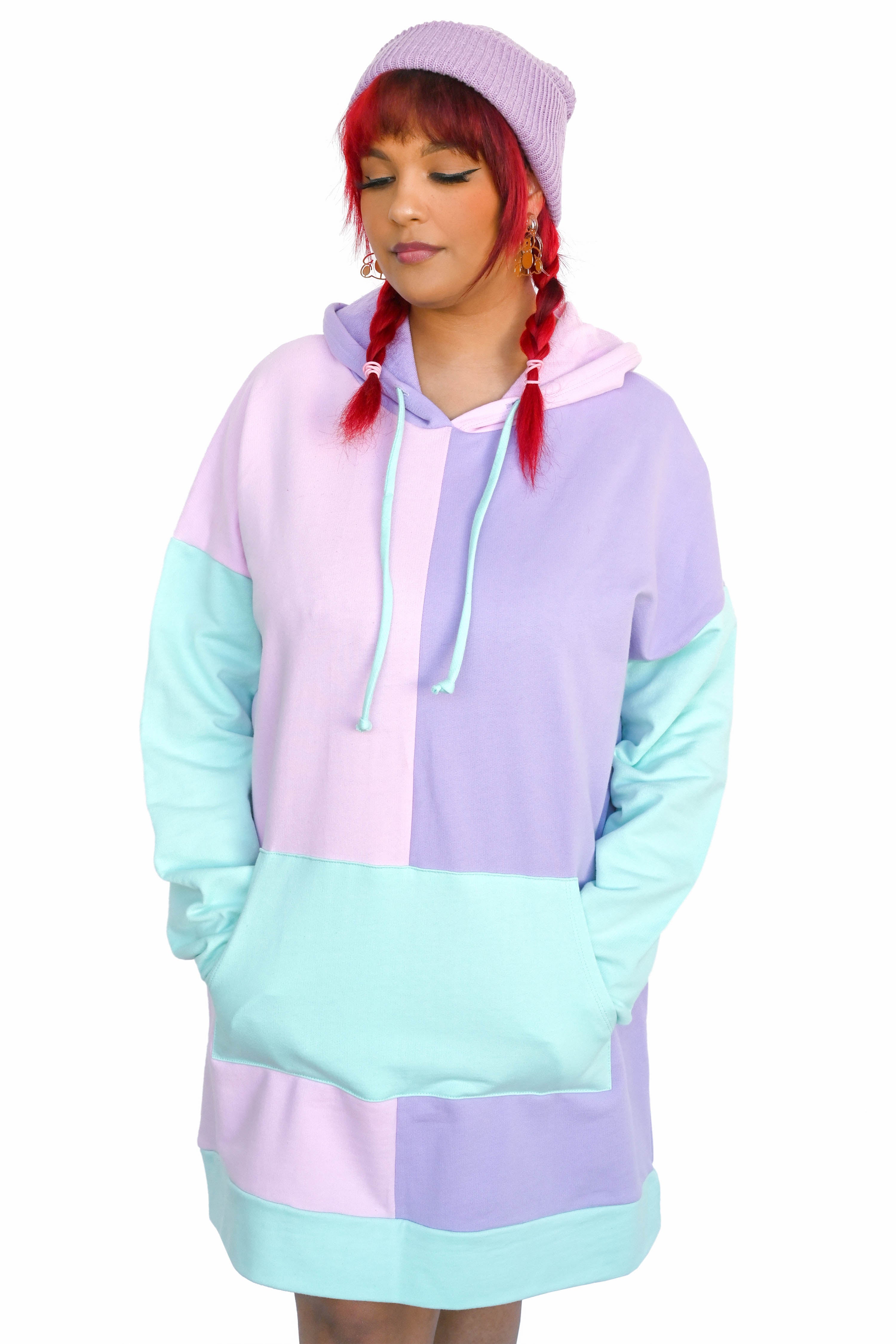 pastel colorblock hoodie in pink, purple, and mint